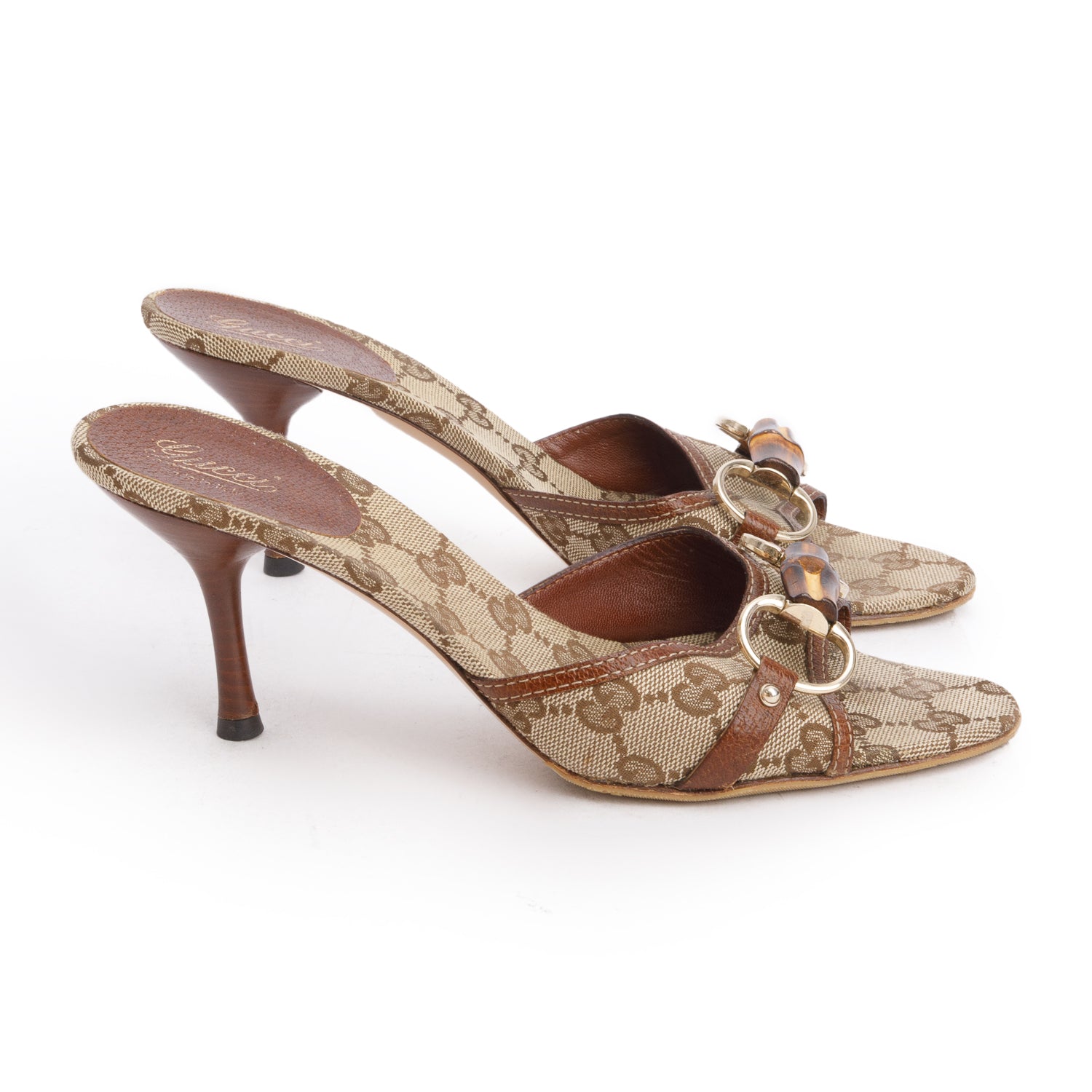 Gucci Beige & Ebony GG Canvas Horsebit Bamboo Slide Sandals, Size 8 w/ Box