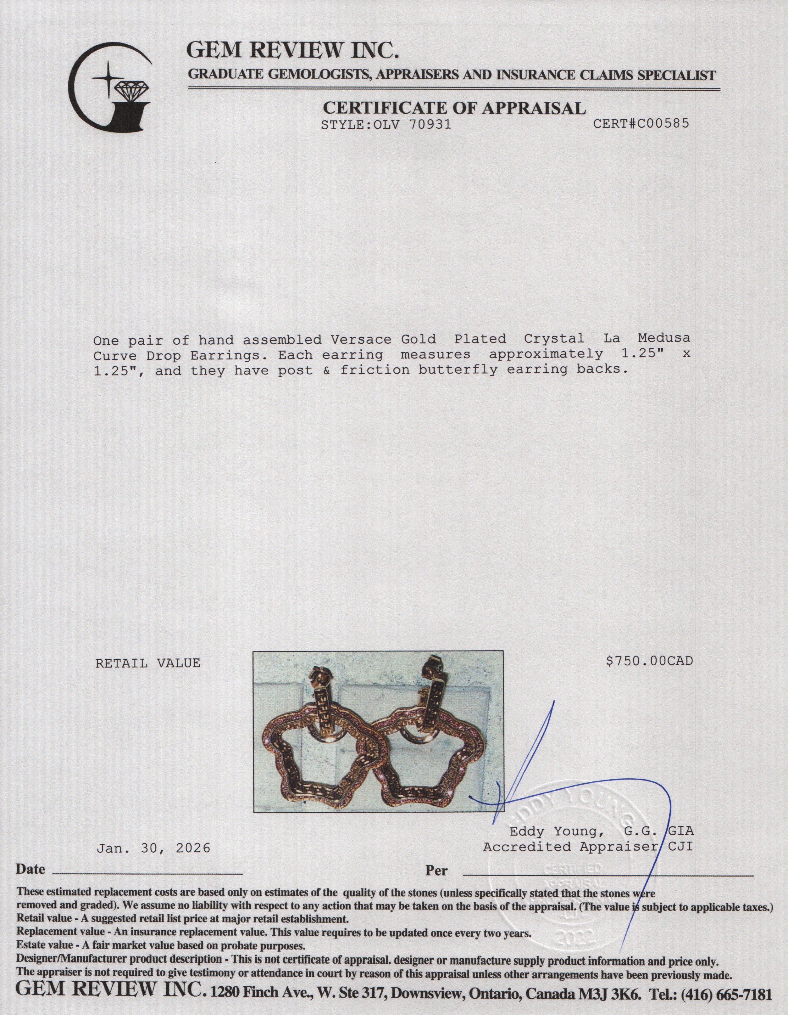 Versace Gold Plated Crystal La Medusa Curve Drop Earrings