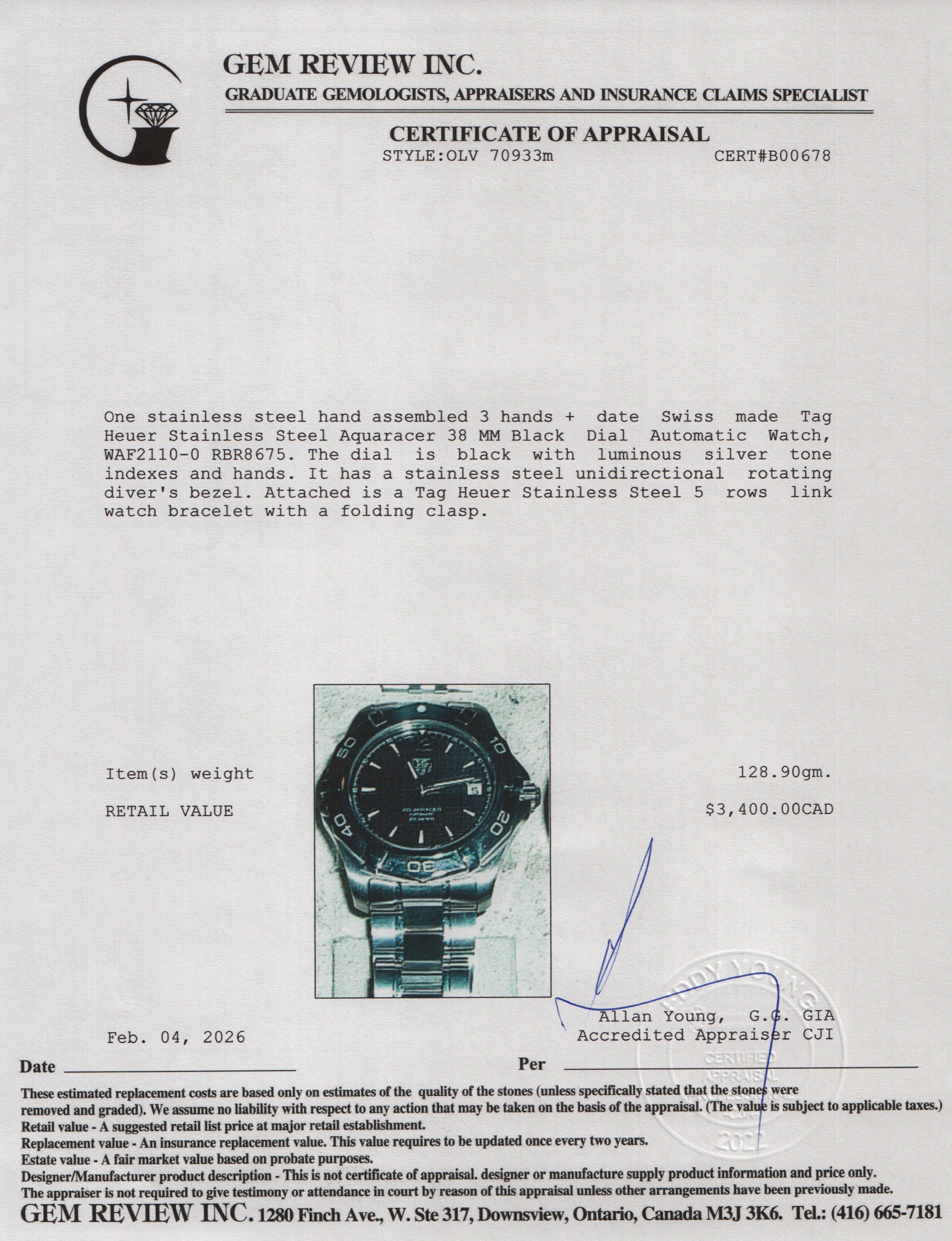 Tag Heuer Stainless Steel Aquaracer 38 MM Black Dial Automatic Watch Black Dial WAF2110-0