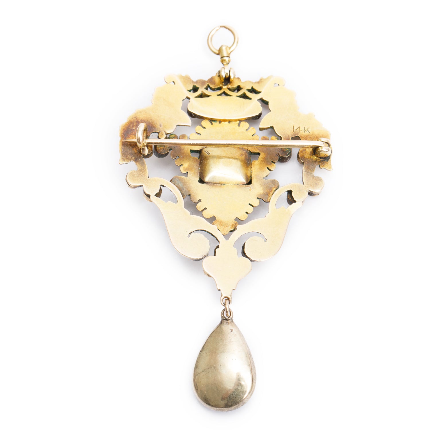 Antique 14k Yellow Gold Multi Color Enamel & Diamond Pendant Brooch