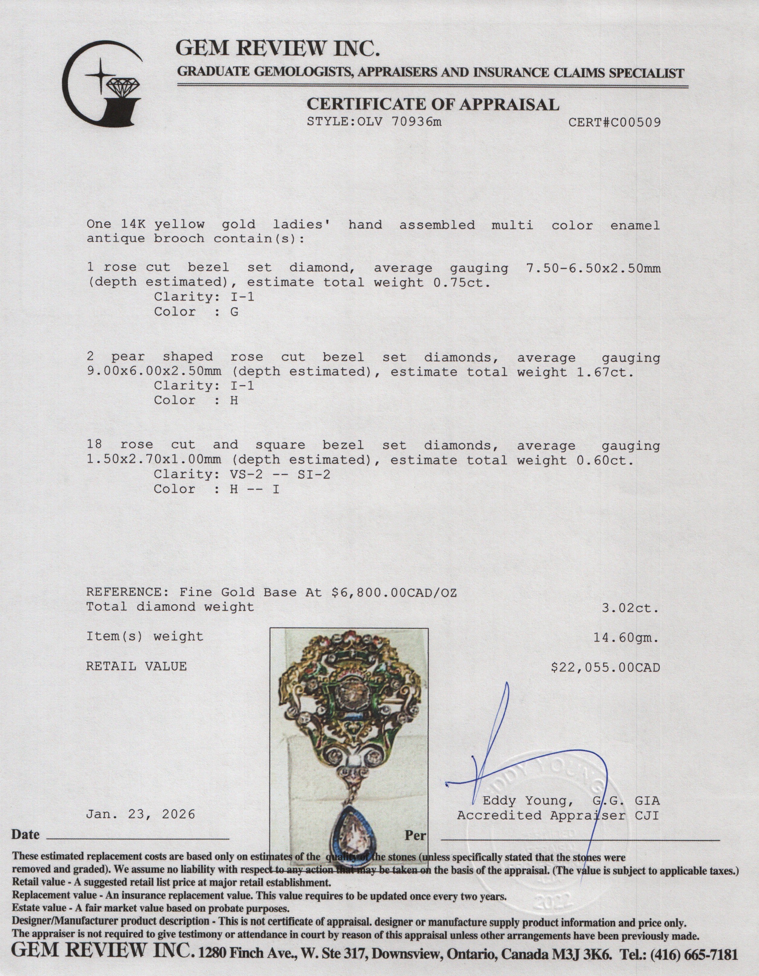 Antique 14k Yellow Gold Multi Color Enamel & Diamond Pendant Brooch