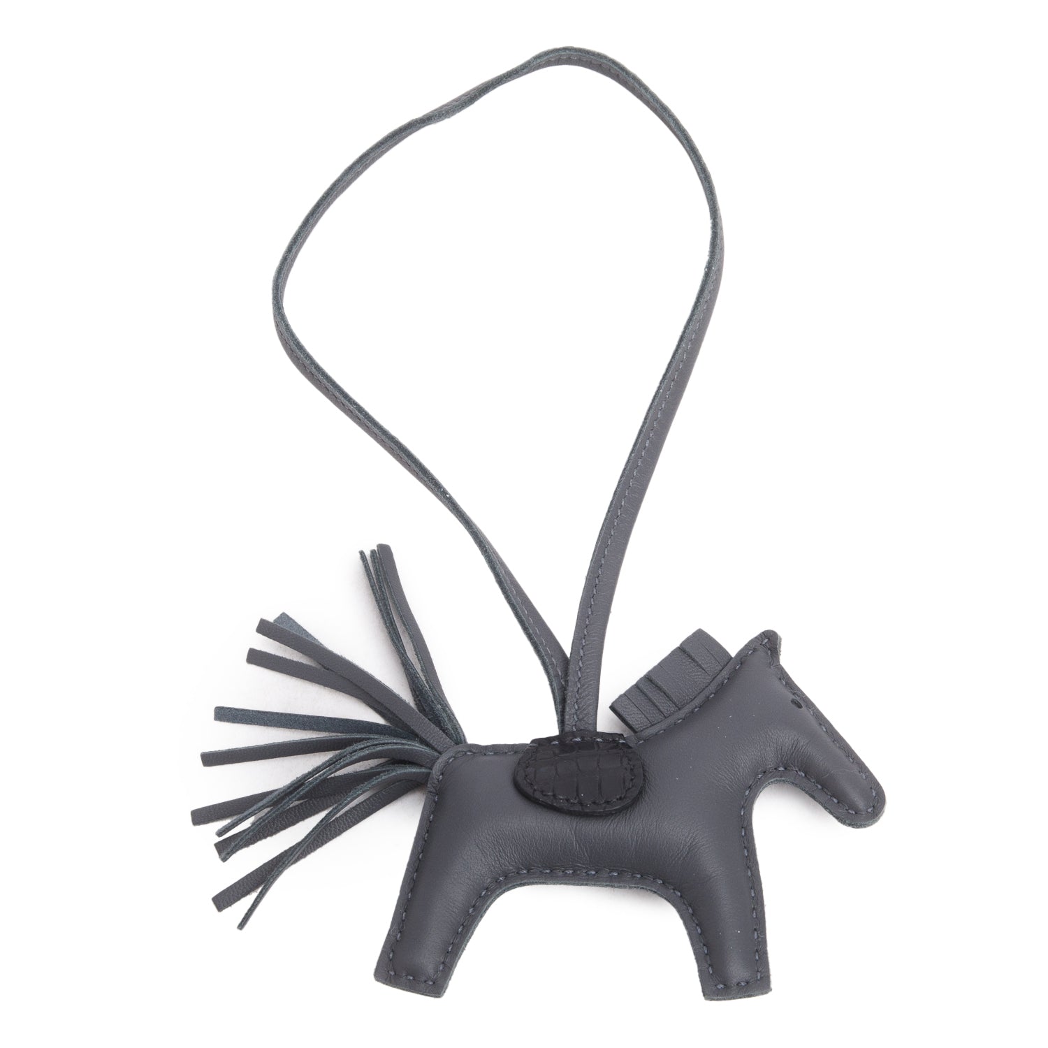 Hermes 2024 Graphite Lambskin and Noir Crocodile Grigri Rodeo Horse Bag Charm PM