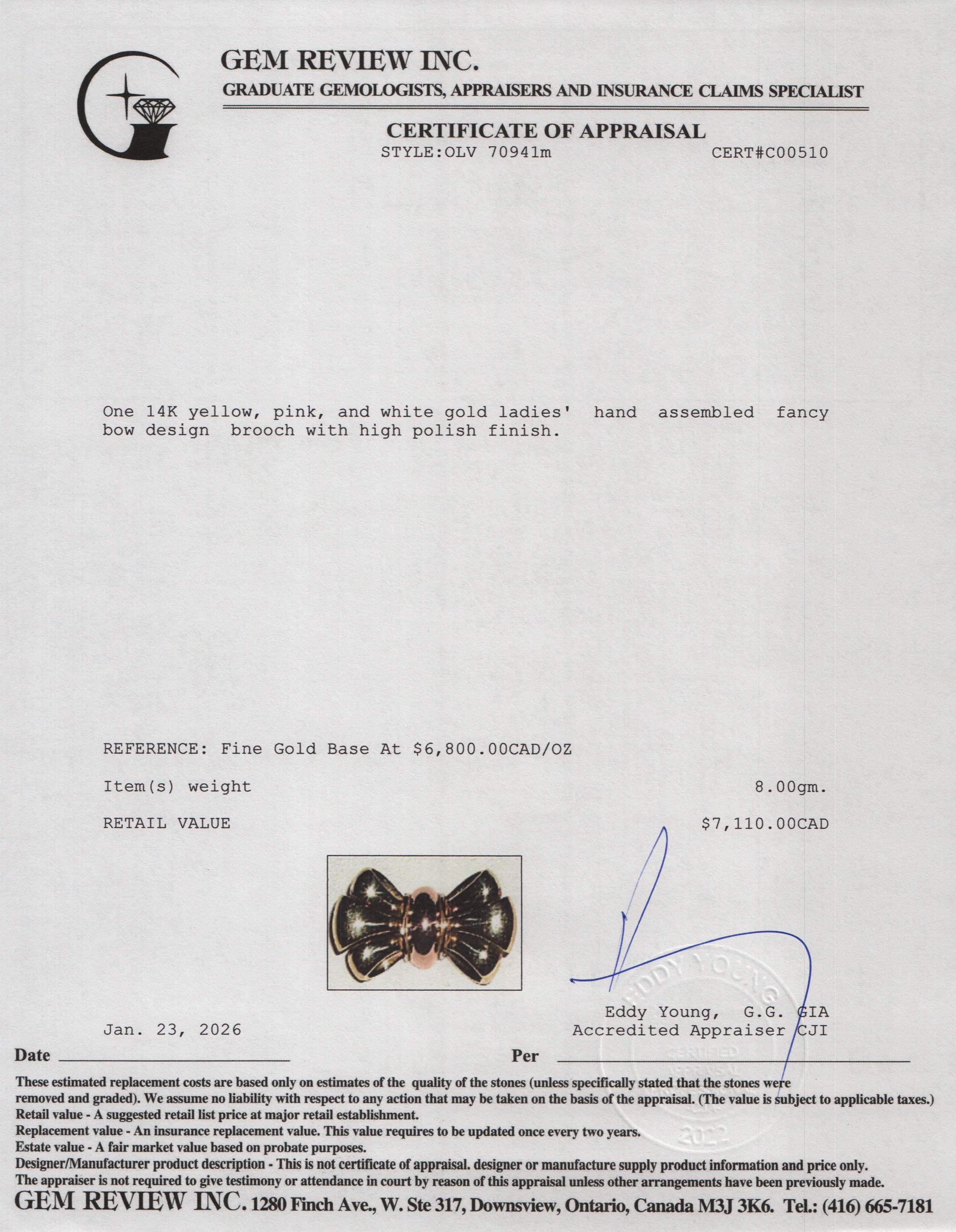 14k Yellow, Pink and White Gold Fancy Bow Pin Brooch