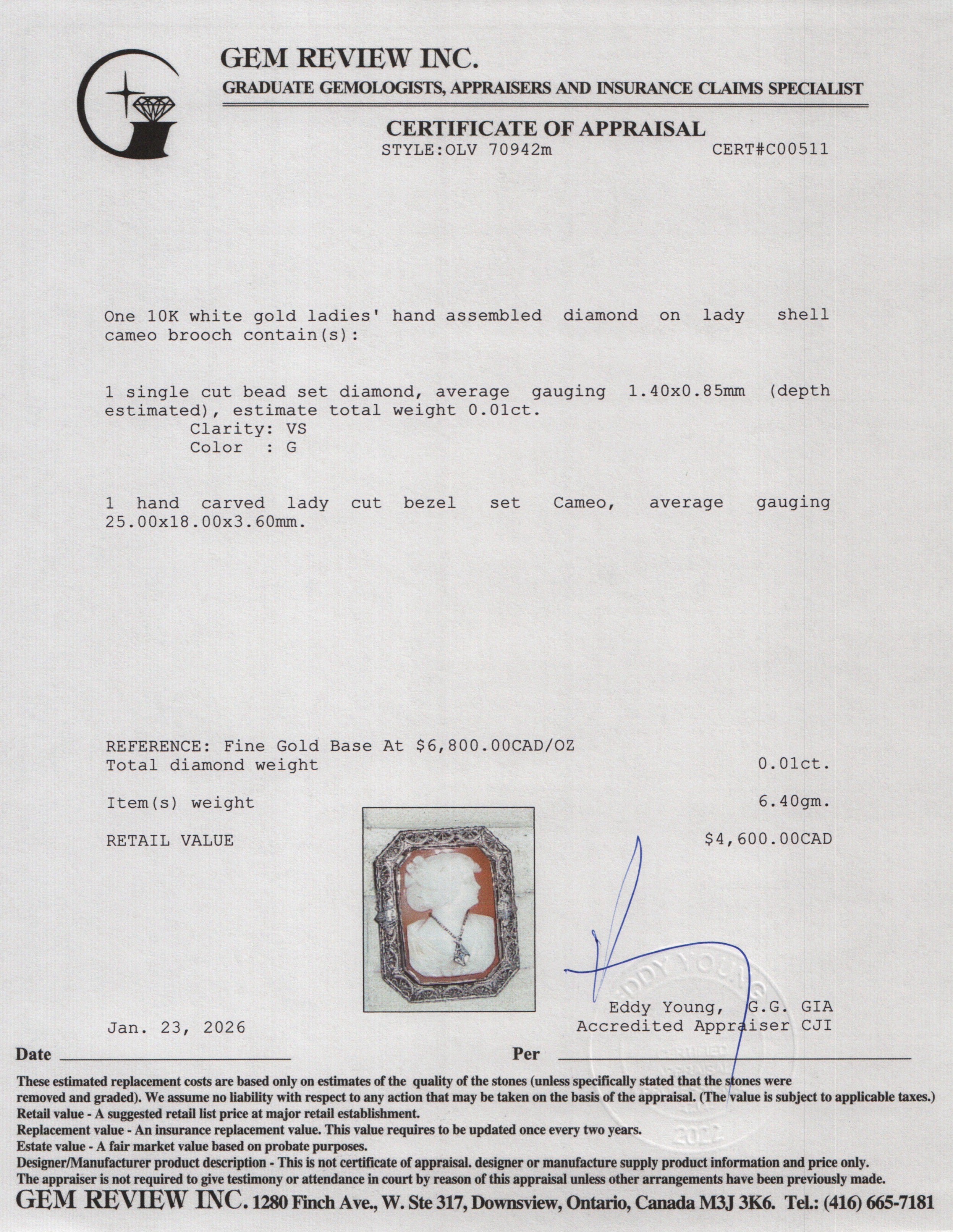 Antique 10k White Gold Diamond Lady Shell Cameo Brooch