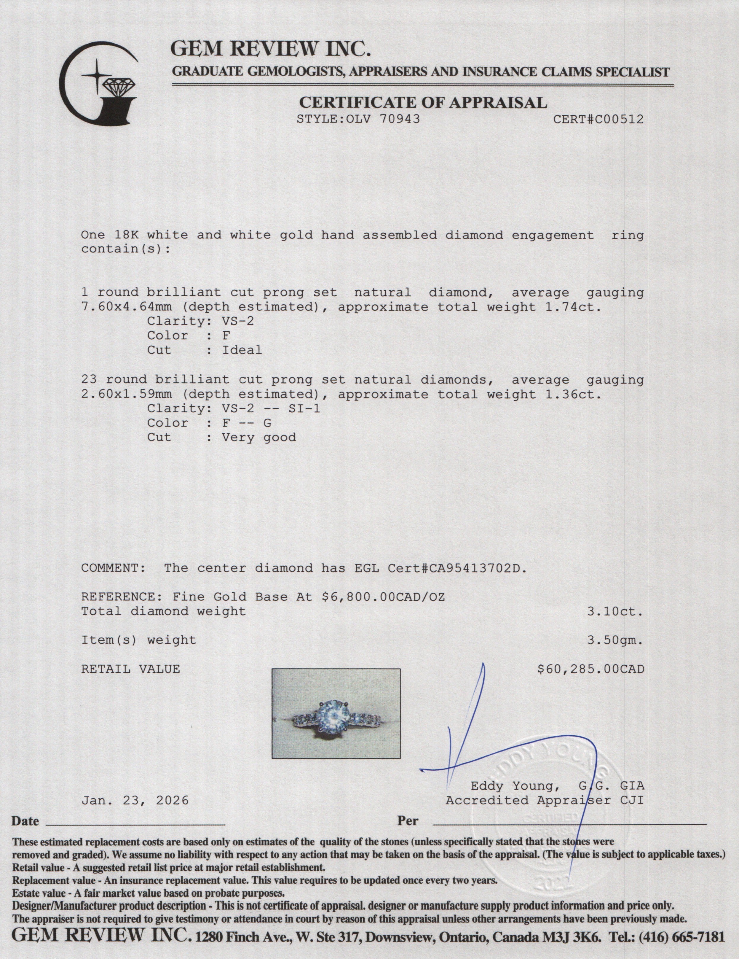 18k White Gold 1.74 ct. Round Cut Diamond Engagement Ring, Size 6