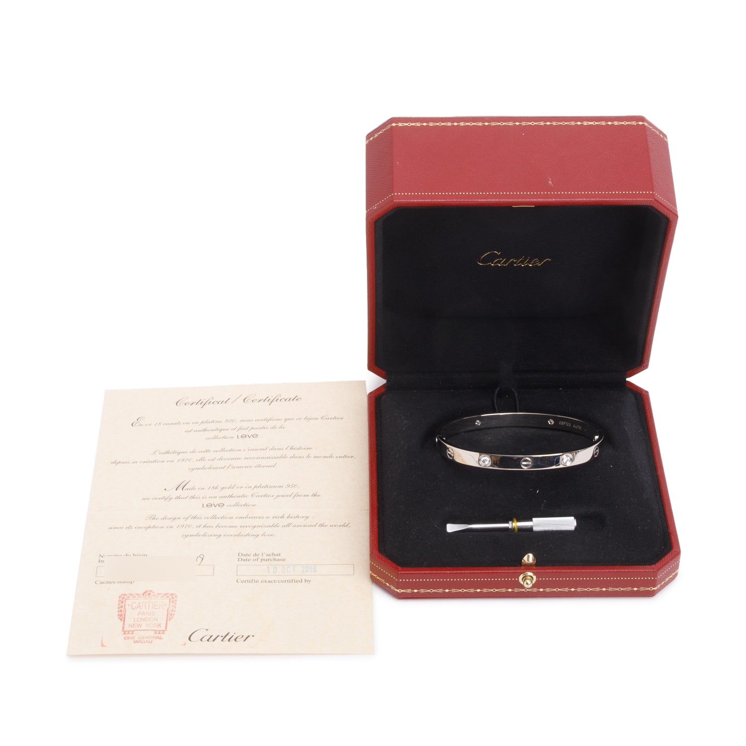 Cartier 18k White Gold Love Bracelet, Classic Model, 4 Diamonds, Size 19 w/ Box, Receipt & Certificate