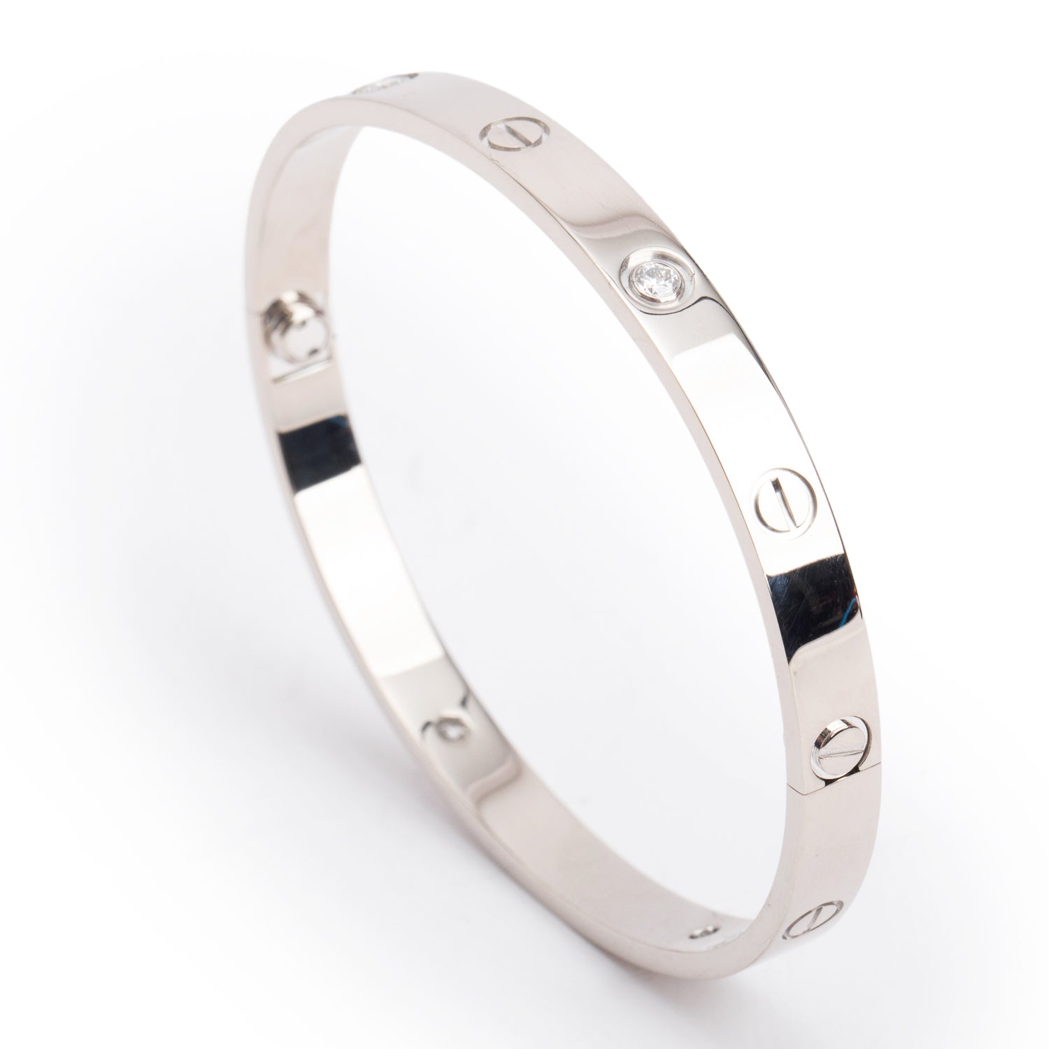 Cartier 18k White Gold Love Bracelet, Classic Model, 4 Diamonds, Size 19 w/ Box, Receipt & Certificate