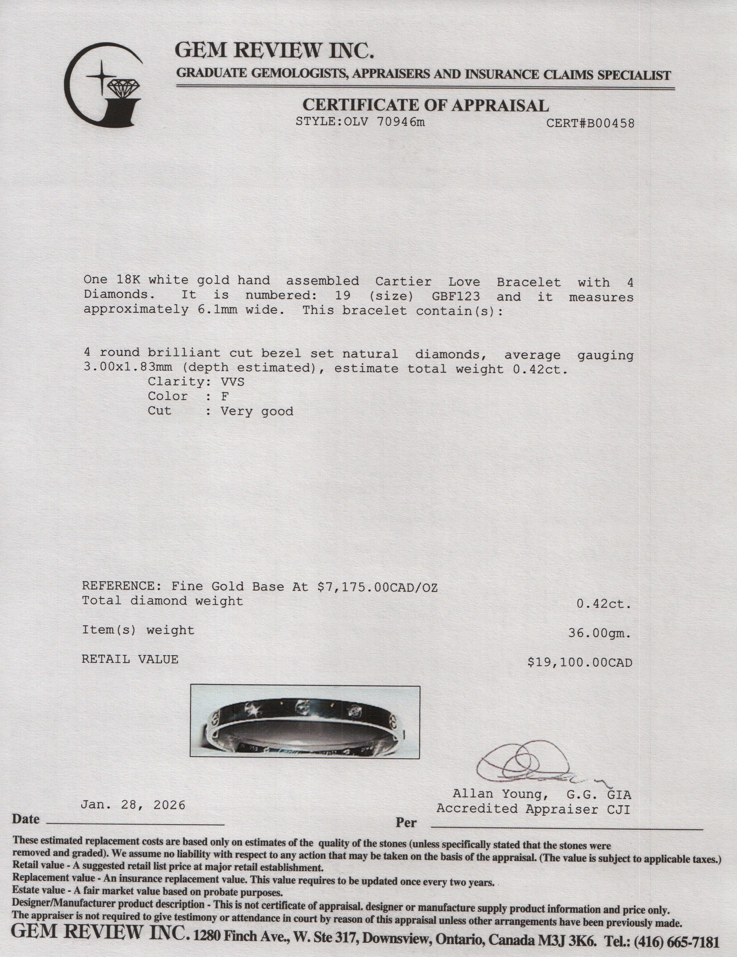 Cartier 18k White Gold Love Bracelet, Classic Model, 4 Diamonds, Size 19 w/ Box, Receipt & Certificate