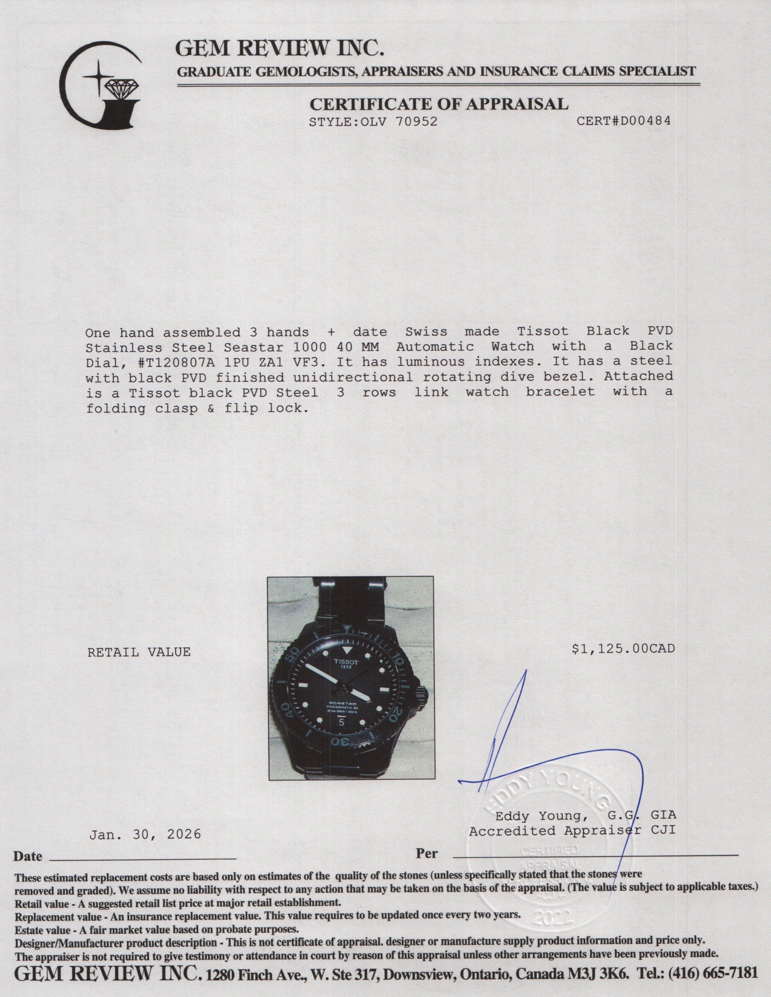 Tissot Black PVD Stainless Steel Seastar 1000 40 MM Automatic Watch Black Dial w/ Box