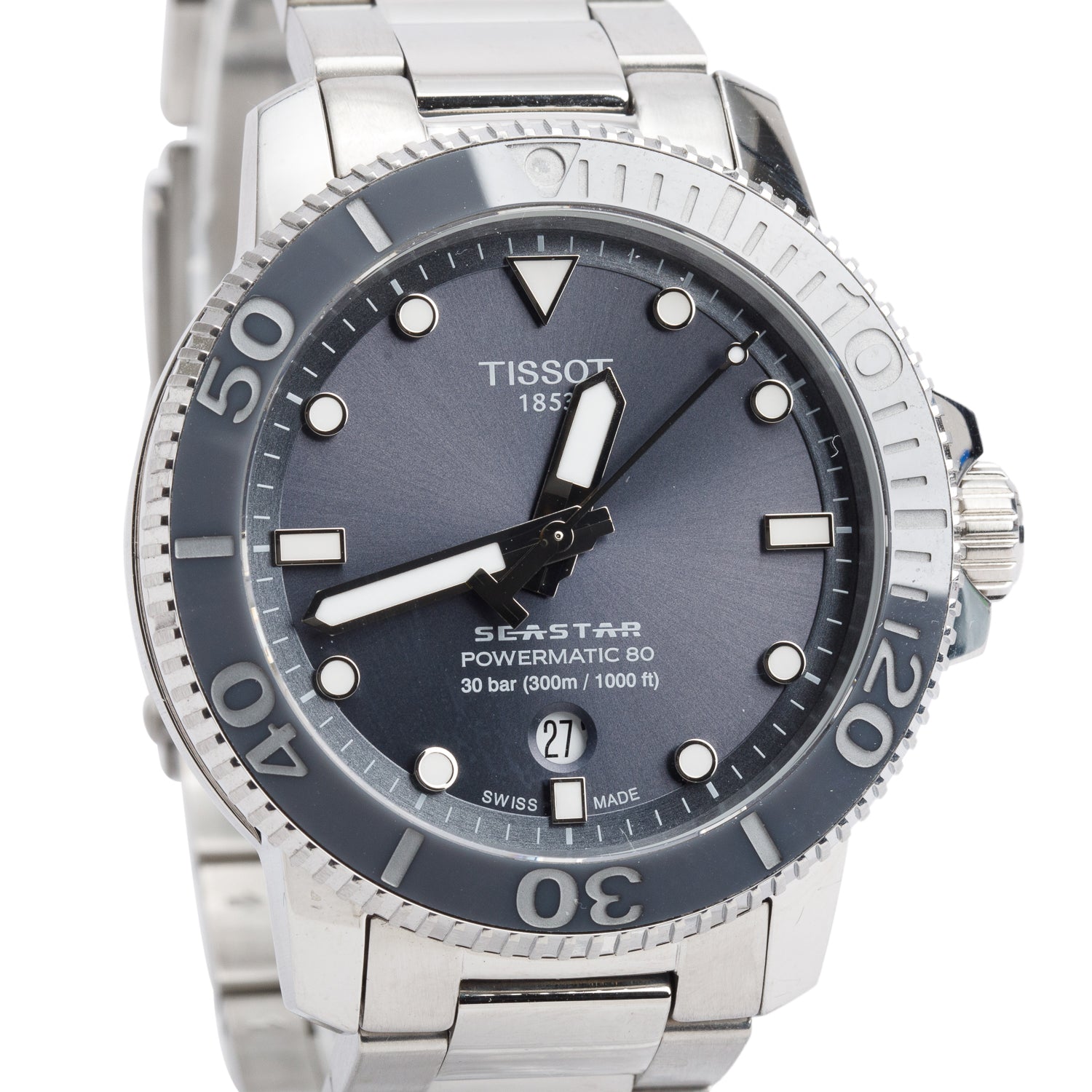 Tissot Stainless Steel Seastar 1000 Powermatic 80 43 MM Automatic Watch Grey Dial w/ Box & Papers