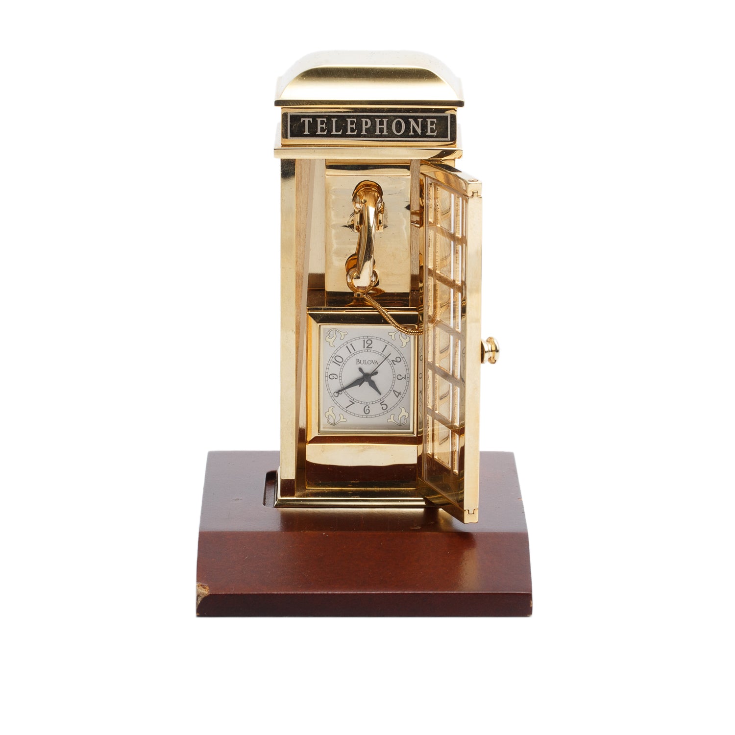 Bulova Limited Edition Gold Plated Brass Miniature British Phone Booth Desk Clock w/ Box & Papers