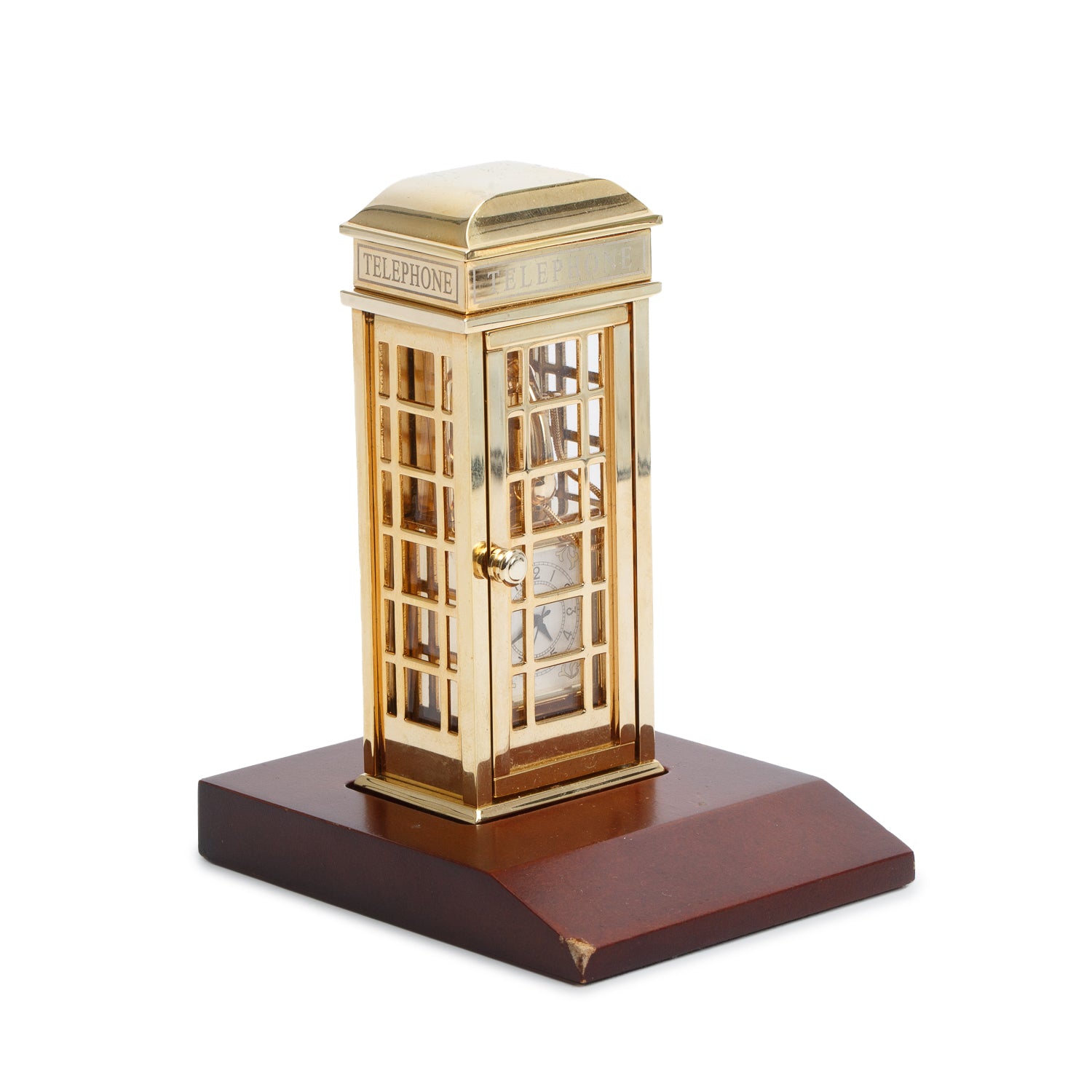 Bulova Limited Edition Gold Plated Brass Miniature British Phone Booth Desk Clock w/ Box & Papers