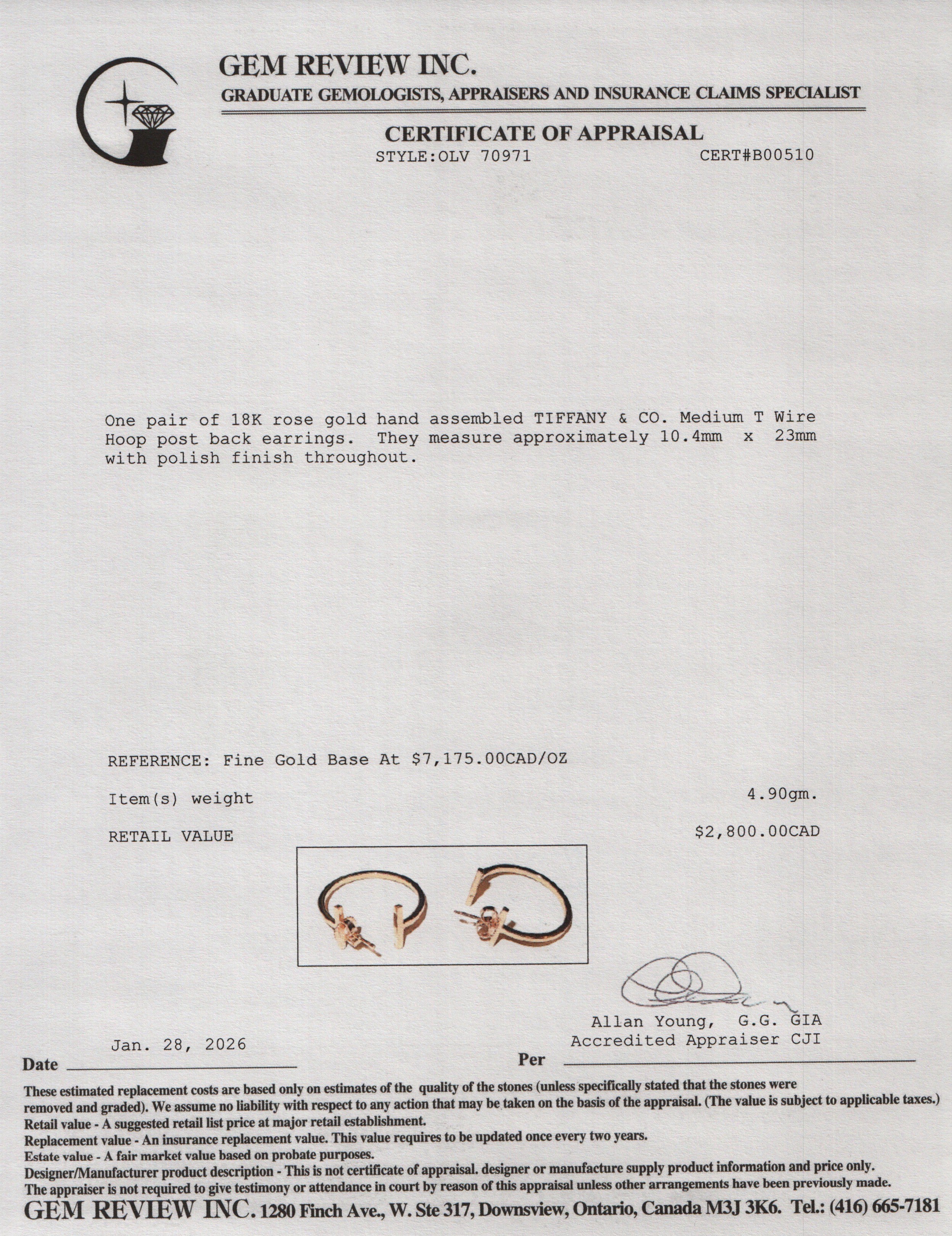 Tiffany & Co. 2025 18k Rose Gold Medium T Wire Hoop Earrings w/ Box & Receipt