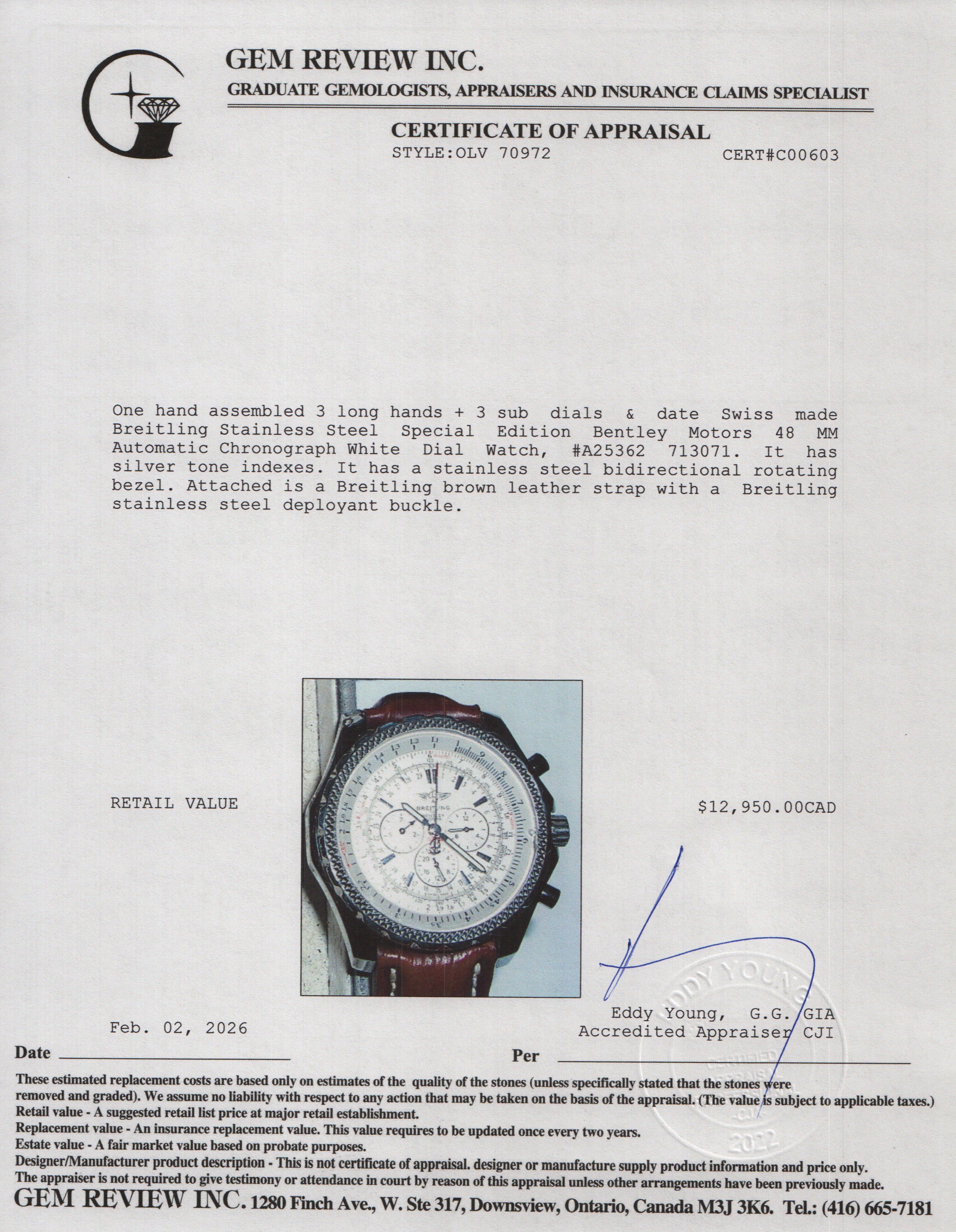 Breitling Stainless Steel Special Edition Bentley Motors 48 MM Automatic Chronograph White Dial Watch A25362