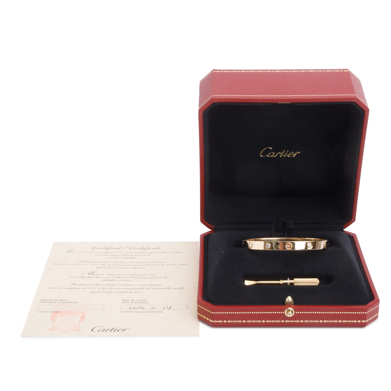 Cartier 18k Yellow Gold Love Bracelet with 4 Diamonds, Classic Model Size 17 w/ Box, Receipt & Certificate