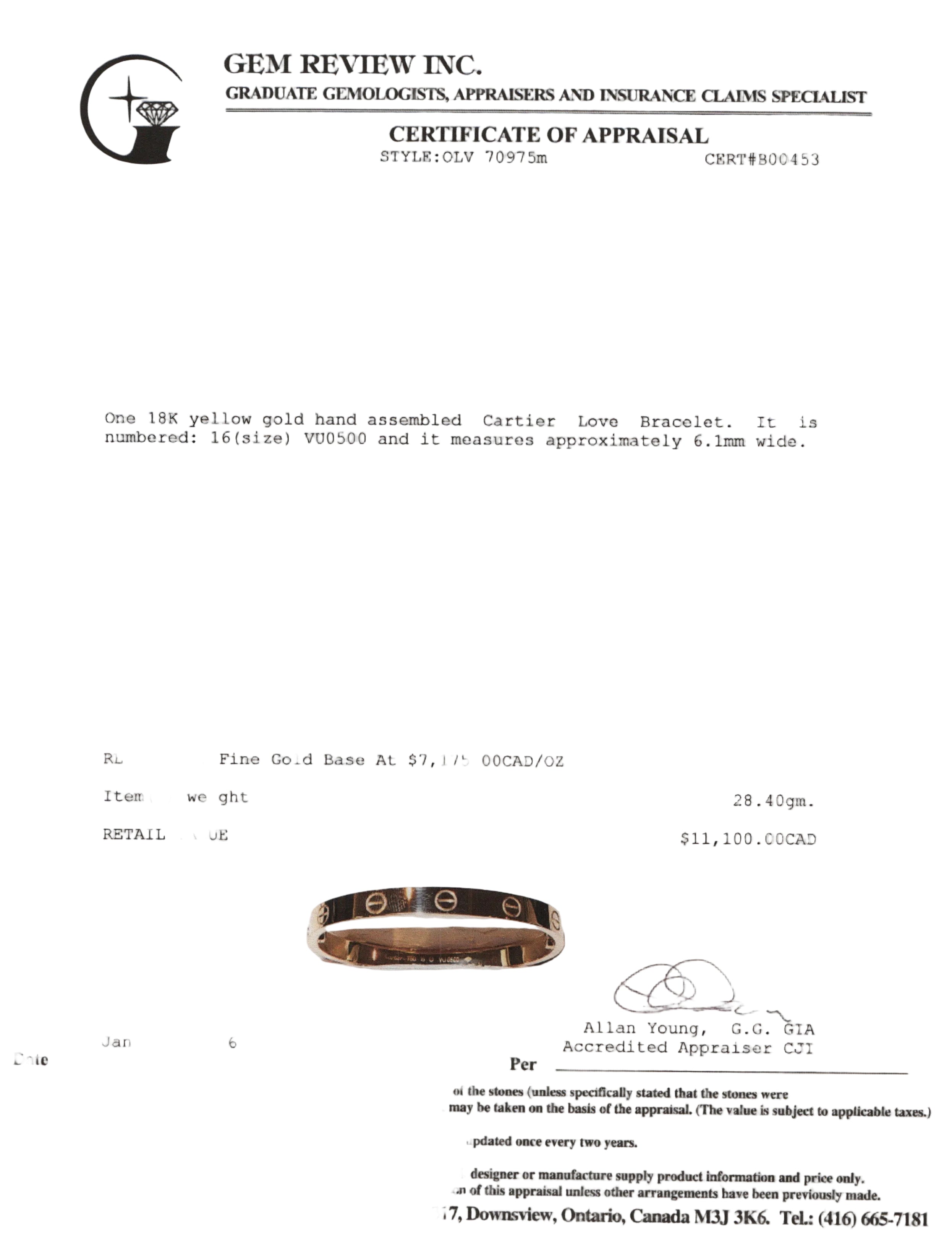 Cartier 18k Yellow Gold Love Bracelet, Classic Model, Size 16 w/ Box & Certificate