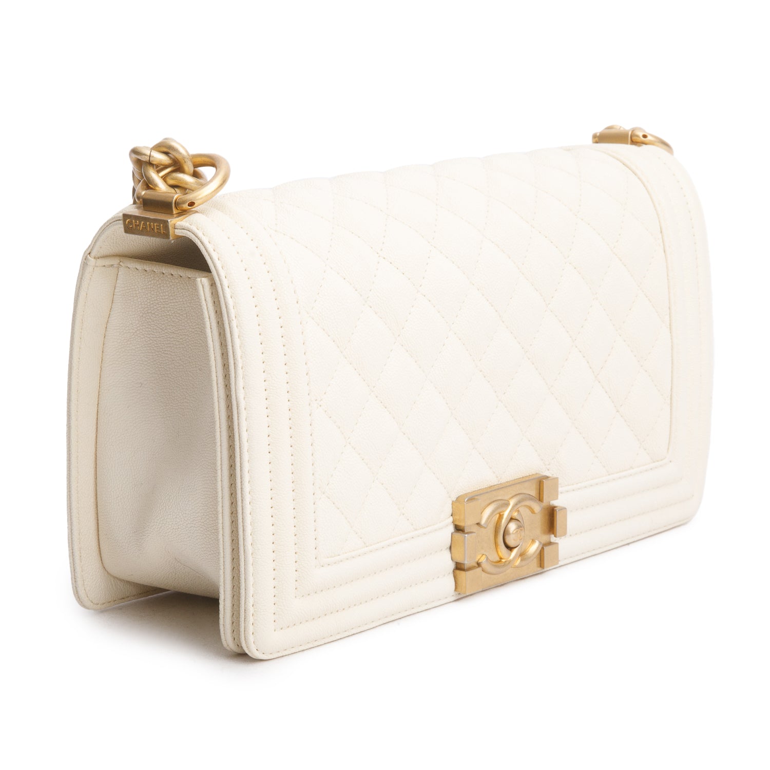 Chanel White Caviar Quilted Medium Boy Flap Bag w/ Authenticity Card
