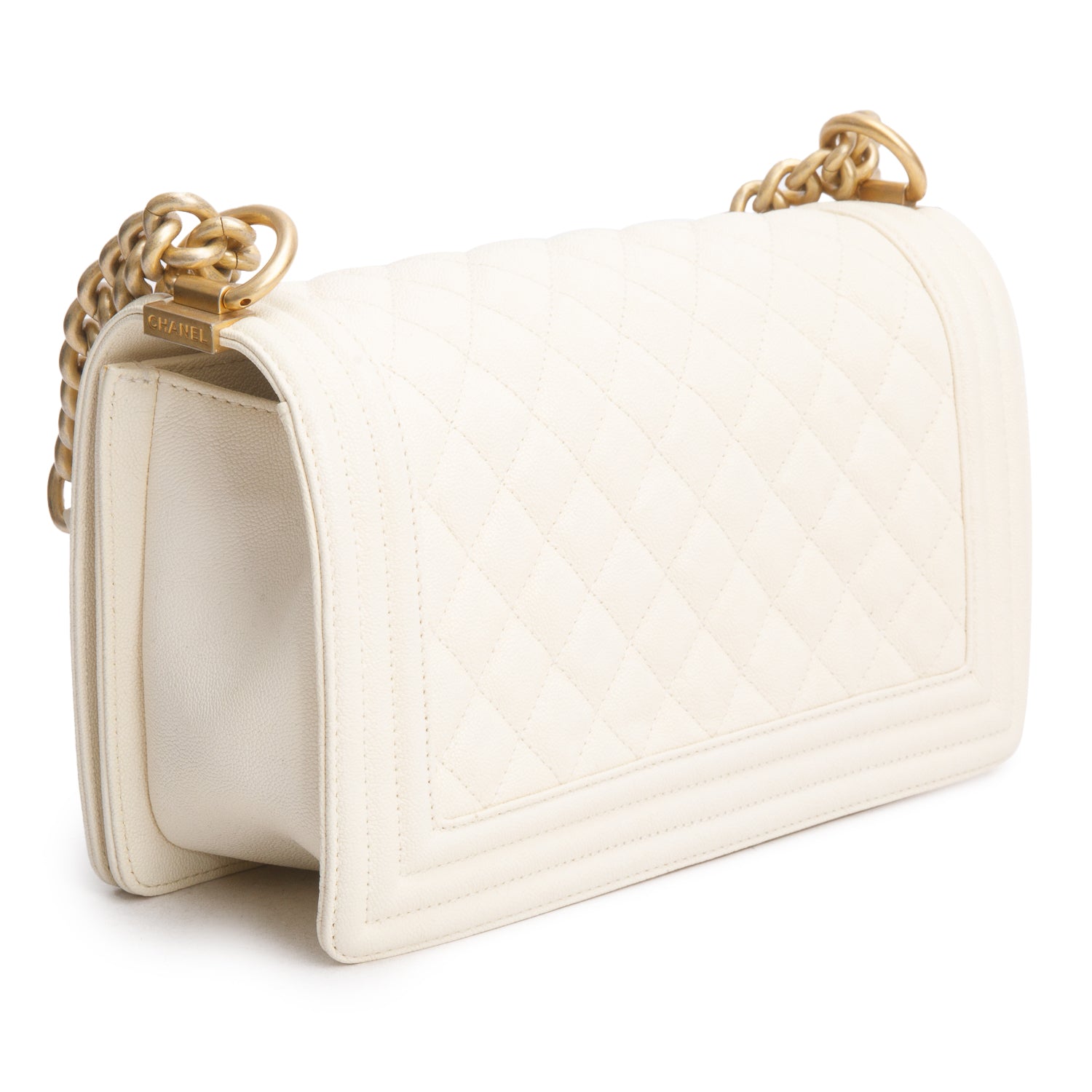Chanel White Caviar Quilted Medium Boy Flap Bag w/ Authenticity Card