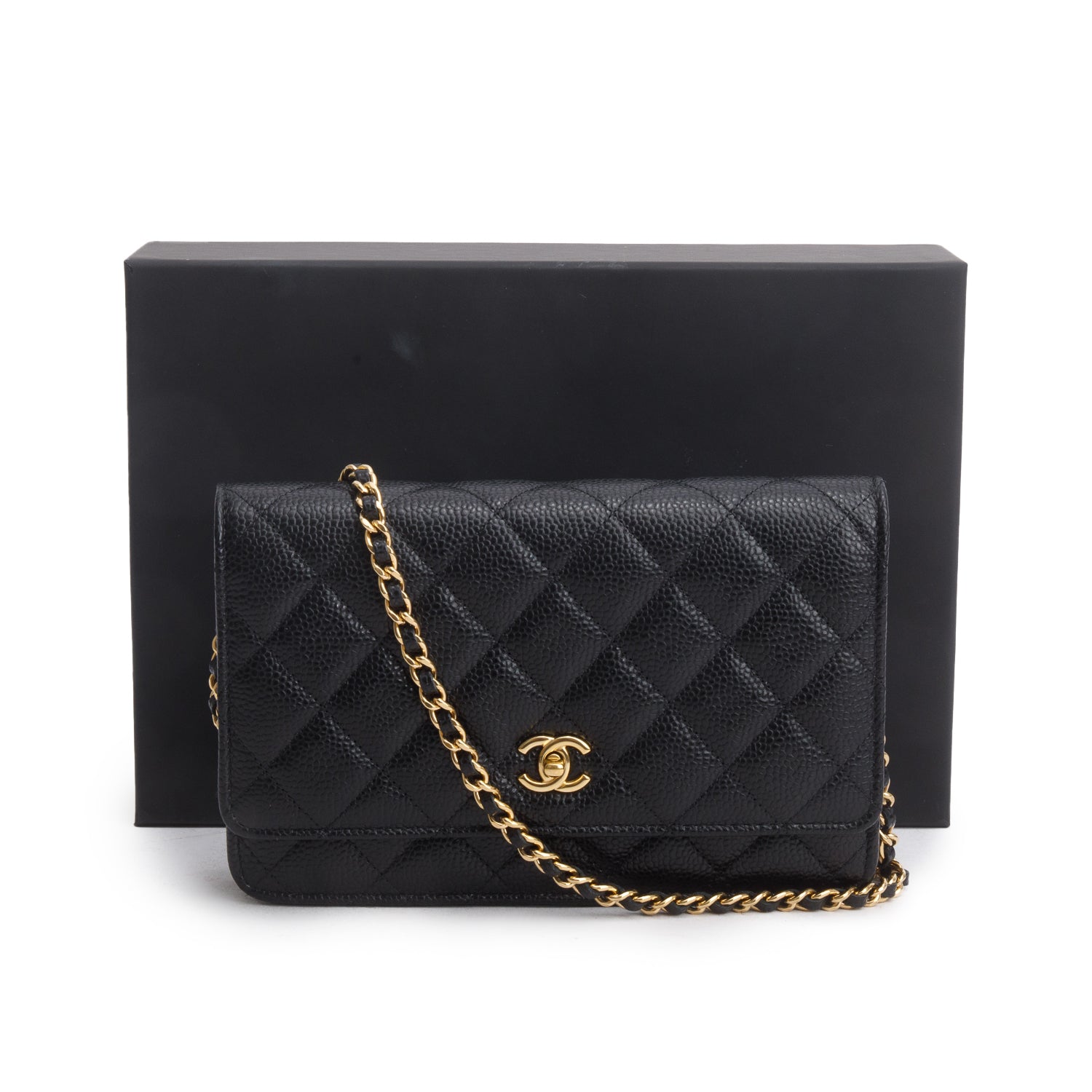 Chanel Black Caviar Quilted Classic Wallet on Chain w/ Box