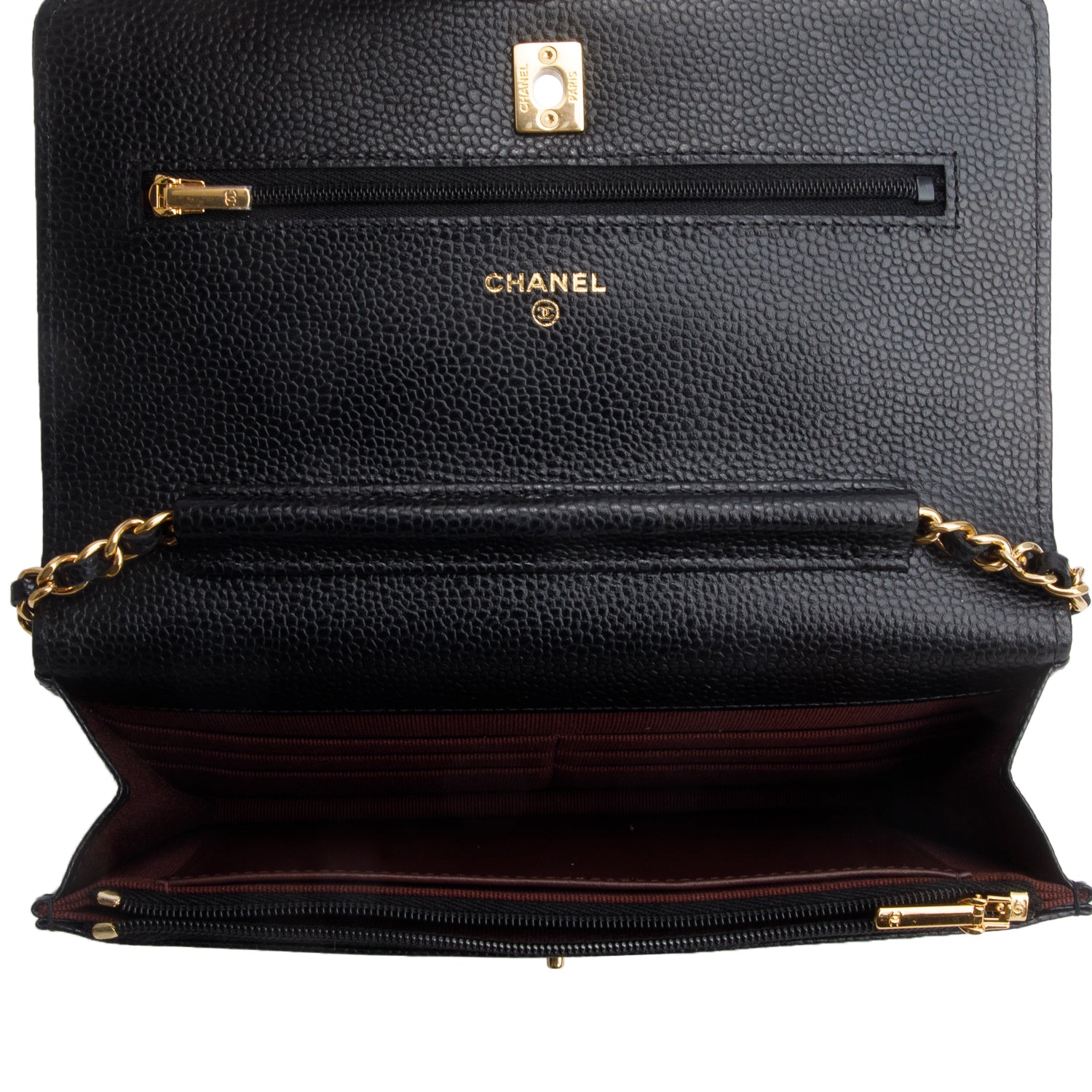 Chanel Black Caviar Quilted Classic Wallet on Chain w/ Box