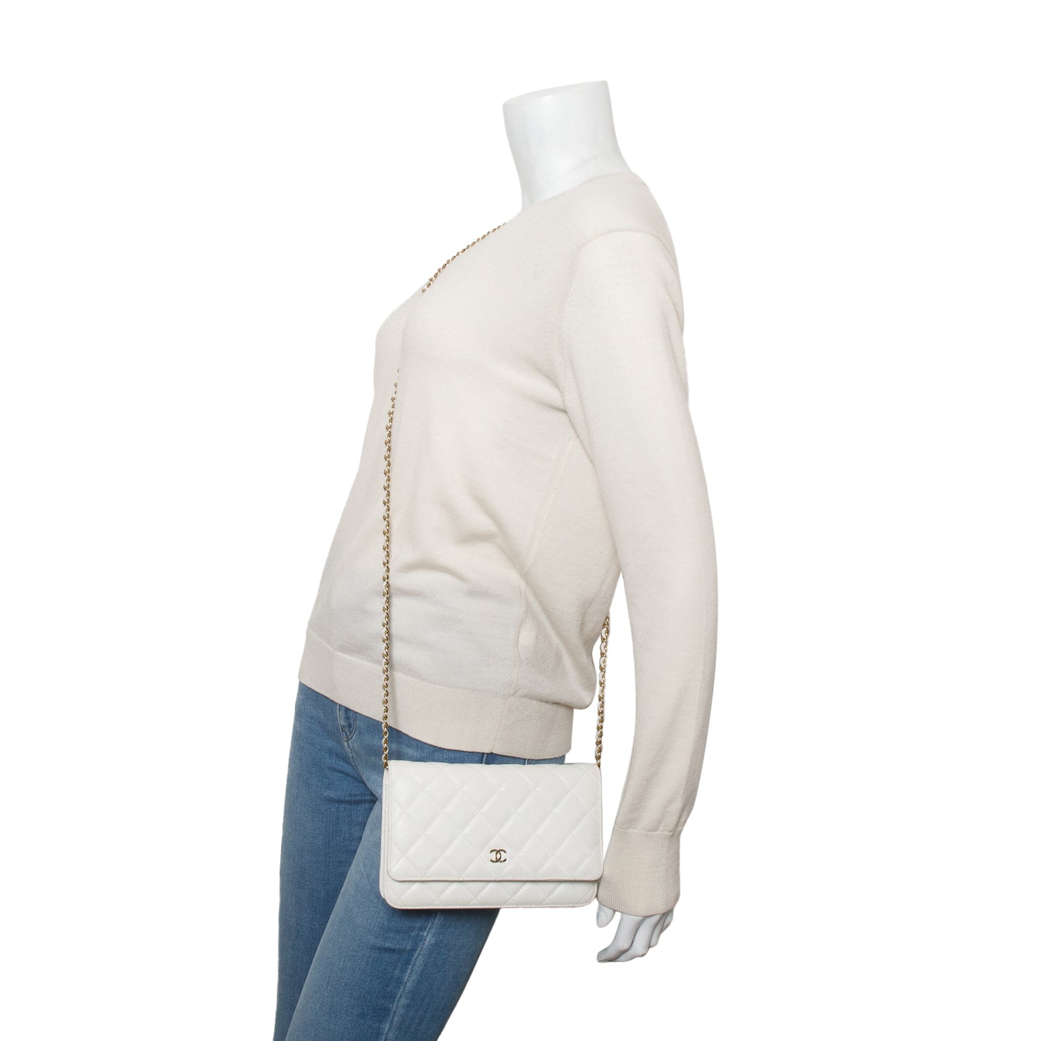 Chanel White Caviar Quilted Classic Wallet on Chain