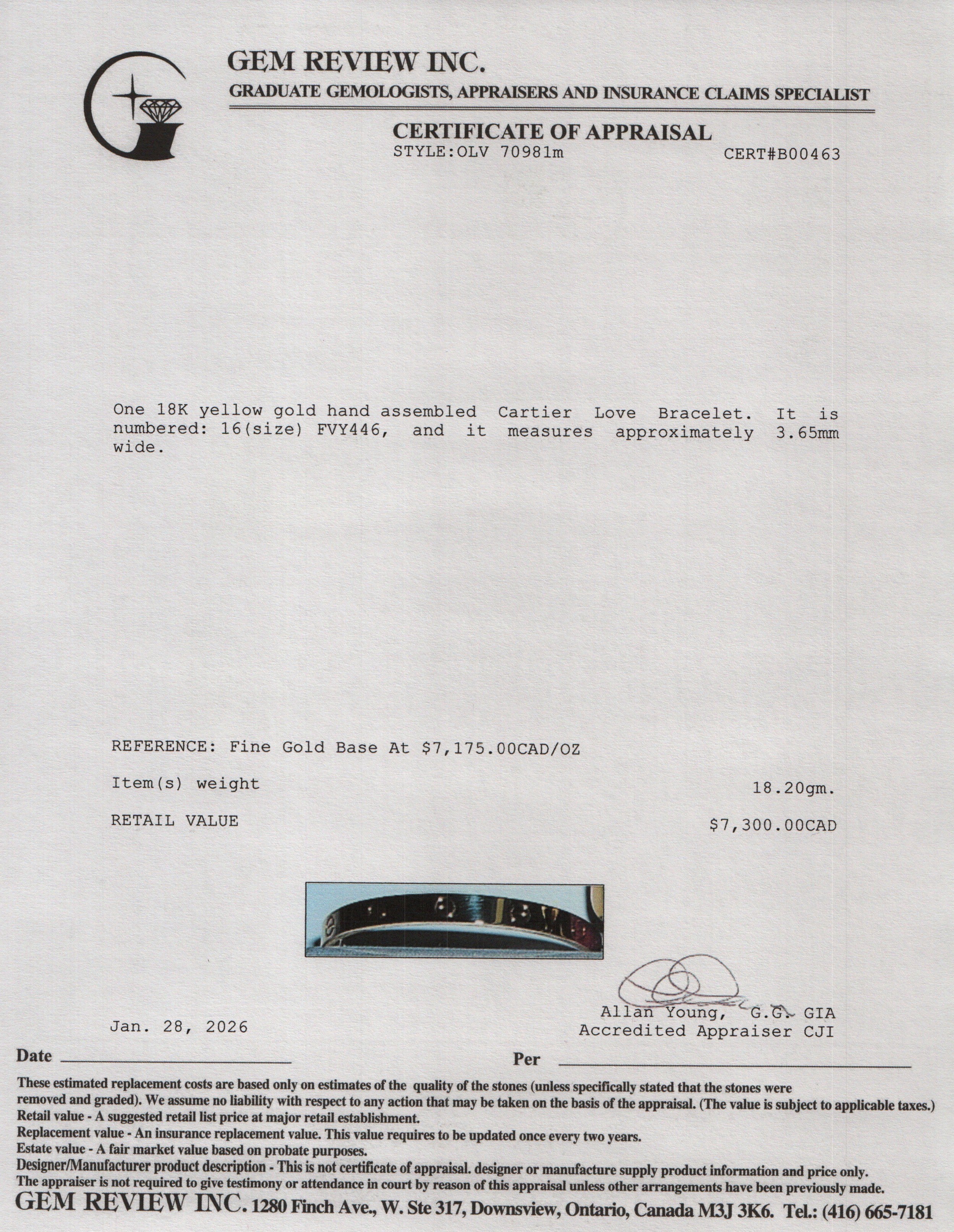 Cartier 18k Yellow Gold 3.65 MM Love Bracelet, Small Model, Size 16 w/ Box & Certificate