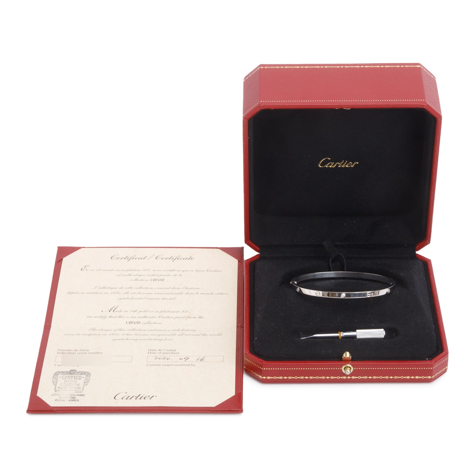 Cartier 18k White Gold 6 Diamond Love Bracelet, Small Model, Size 18 w/ Box & Certificate