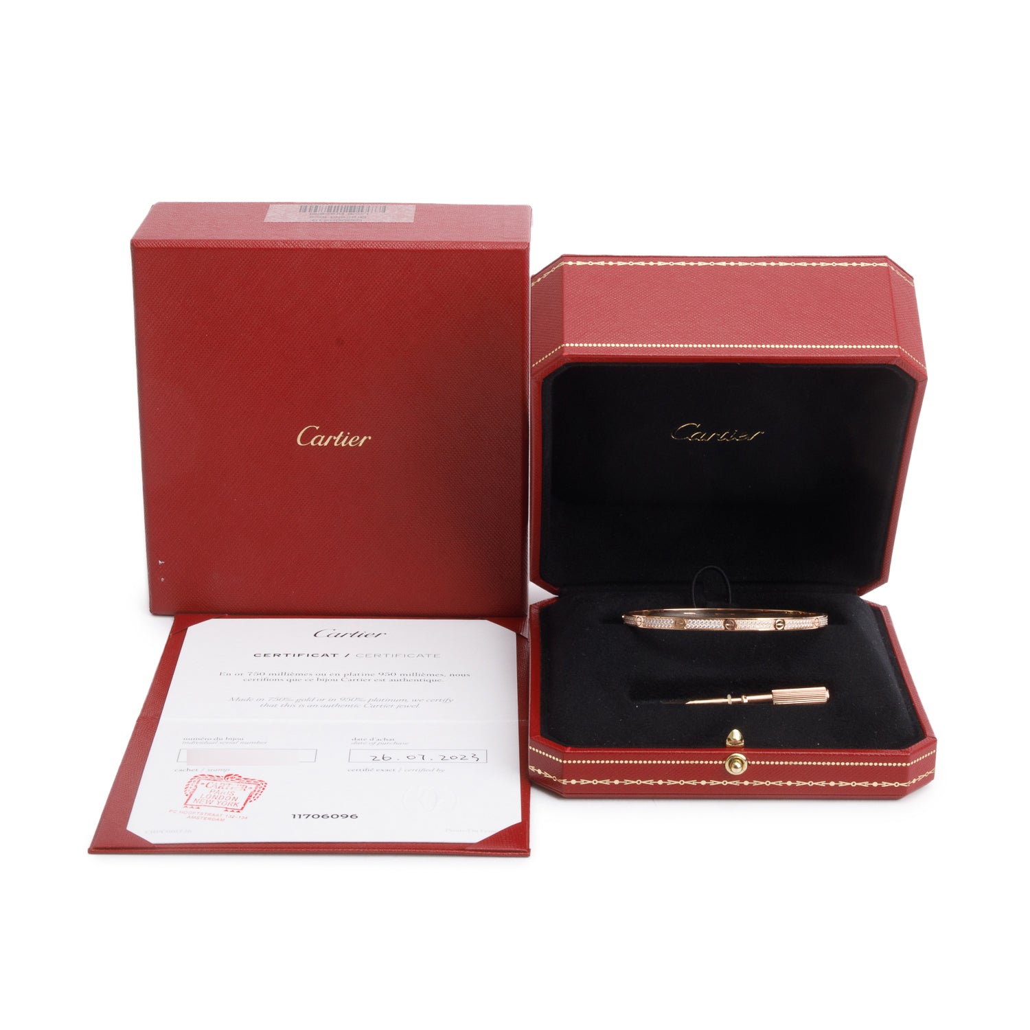 Cartier 2023 18k Rose Gold Paved Diamond Love Bracelet, Small Model, Size 18 w/ Box & Certificate