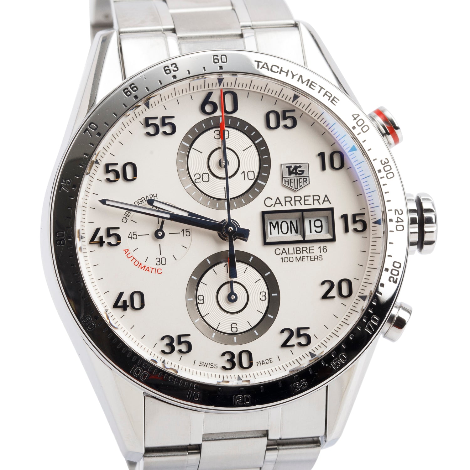 Tag Heuer Stainless Steel Carrera Day Date 43 MM Automatic Chronograph Watch White Dial CV2A11