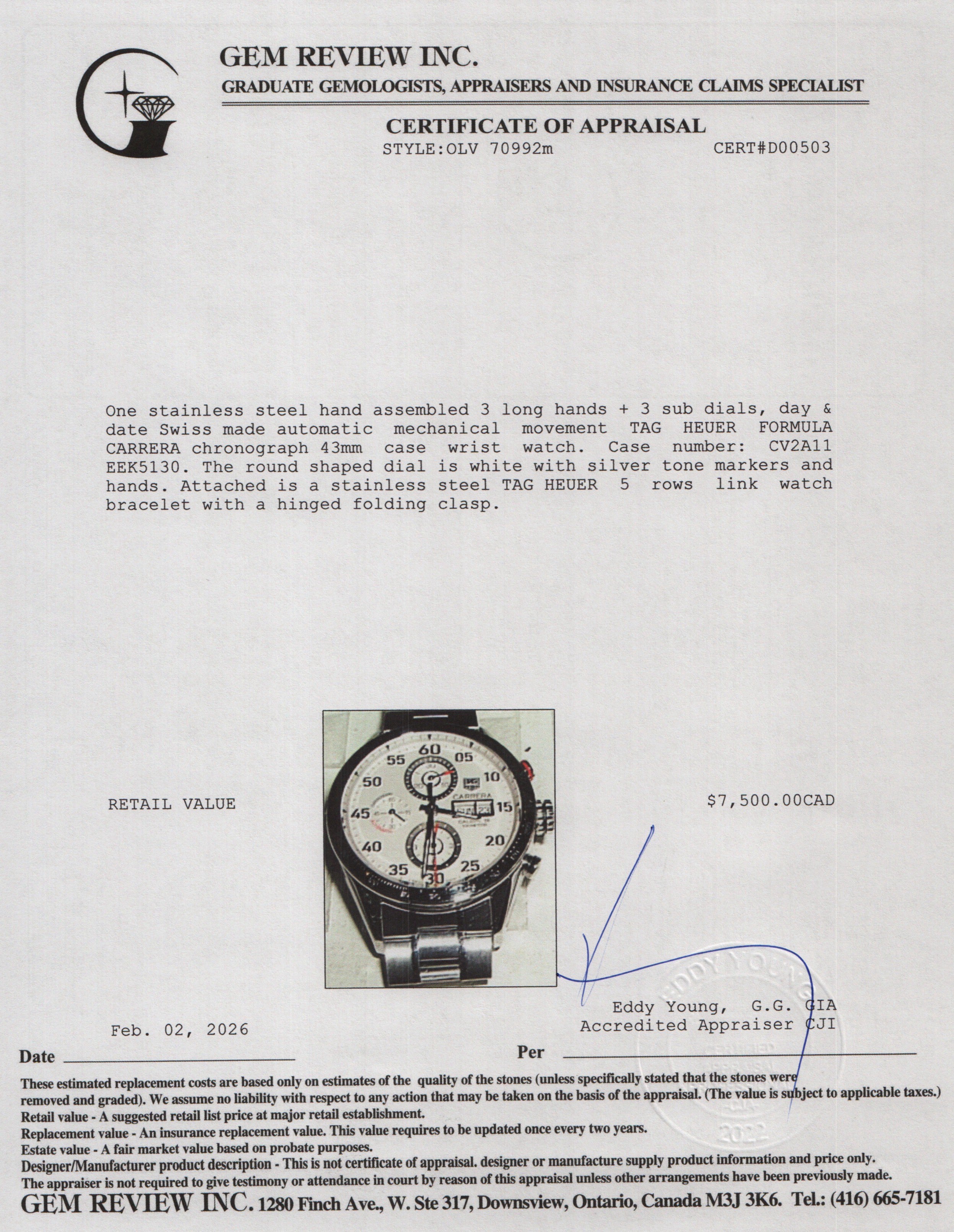 Tag Heuer Stainless Steel Carrera Day Date 43 MM Automatic Chronograph Watch White Dial CV2A11