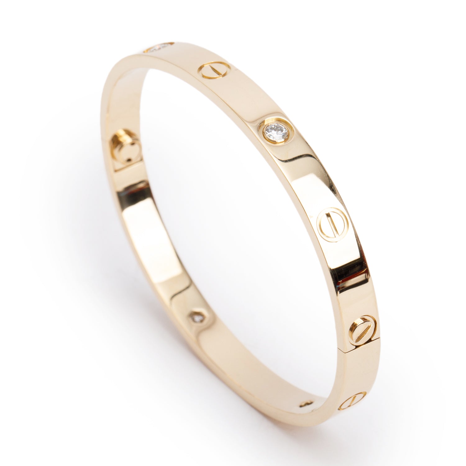 Cartier 18k Yellow Gold Love Bracelet with 4 Diamonds, Classic Model Size 17 w/ Box & Certificate