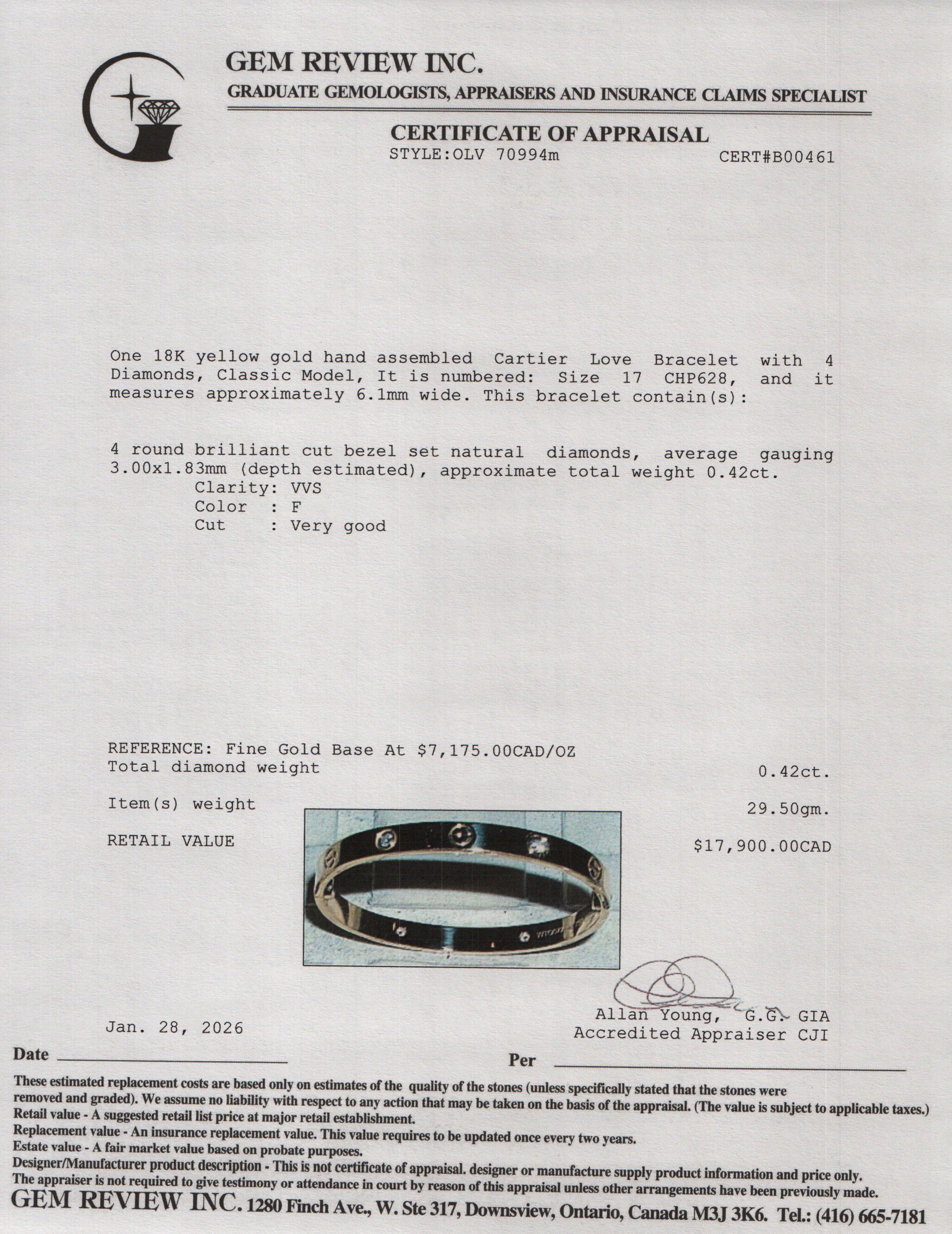 Cartier 18k Yellow Gold Love Bracelet with 4 Diamonds, Classic Model Size 17 w/ Box & Certificate