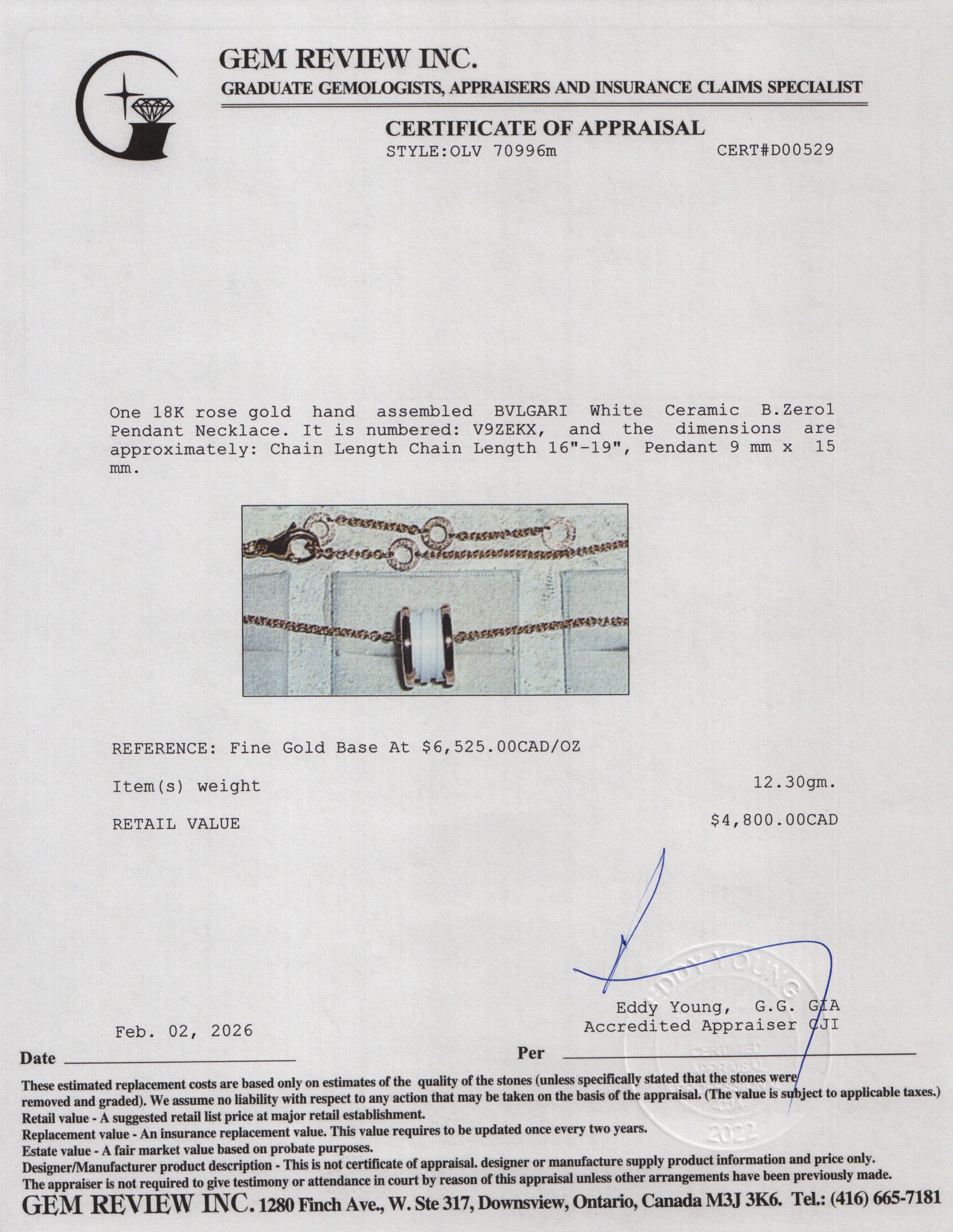 BVLGARI 2022 18k Rose Gold White Ceramic B.Zero1 Pendant Necklace w/ Box, Receipt & Certificate