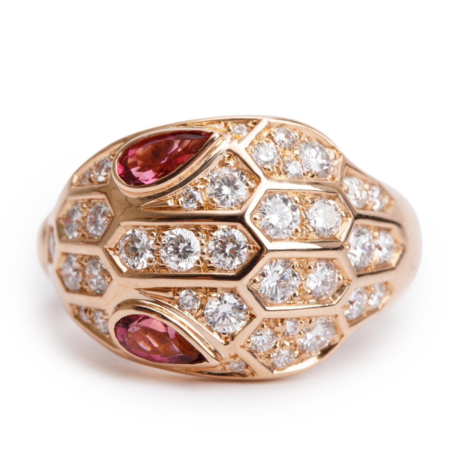 BVLGARI 18k Rose Gold Rubellite & Diamond Serpenti Seduttori Ring, Size 5.25 w/ Box & Certificate