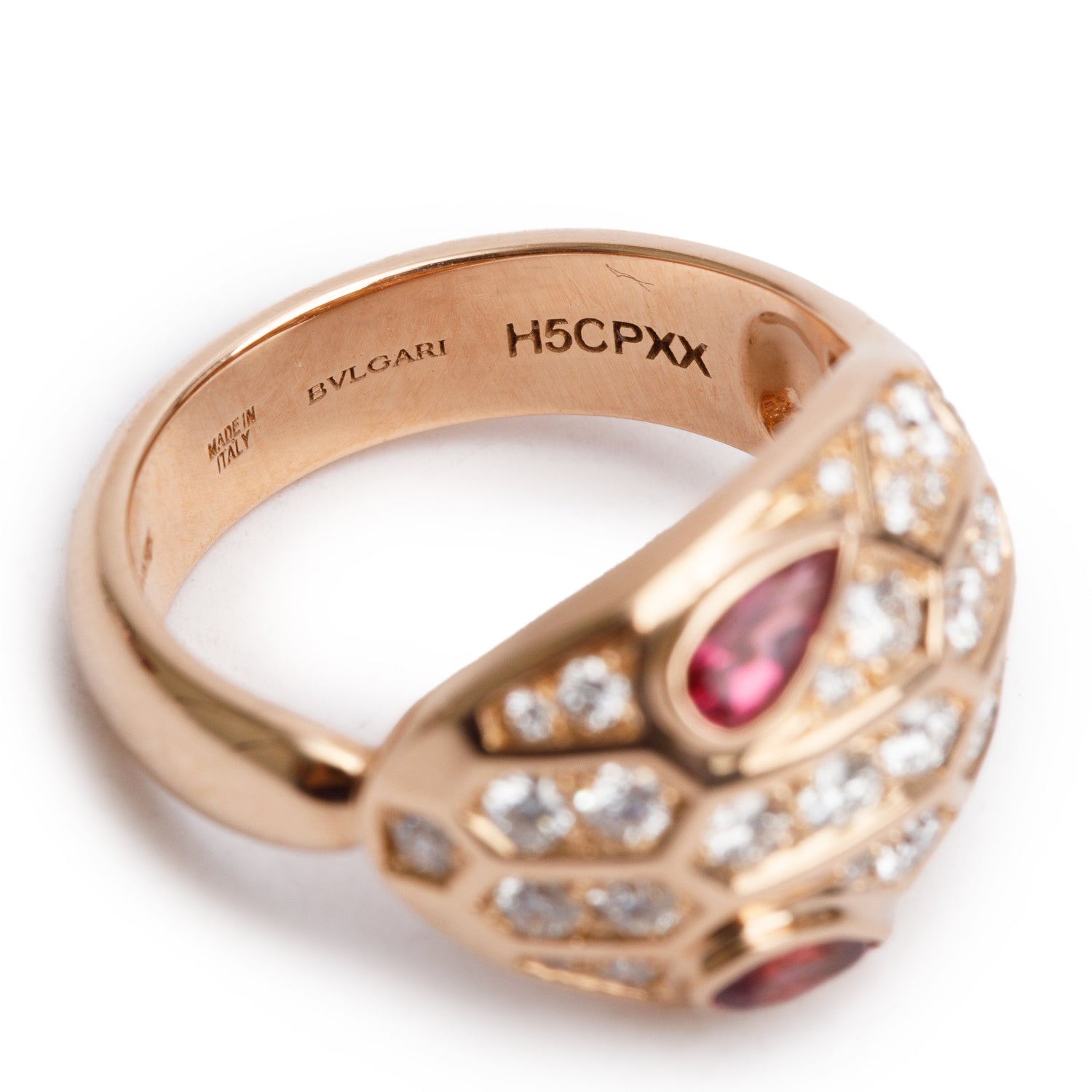 BVLGARI 18k Rose Gold Rubellite & Diamond Serpenti Seduttori Ring, Size 5.25 w/ Box & Certificate