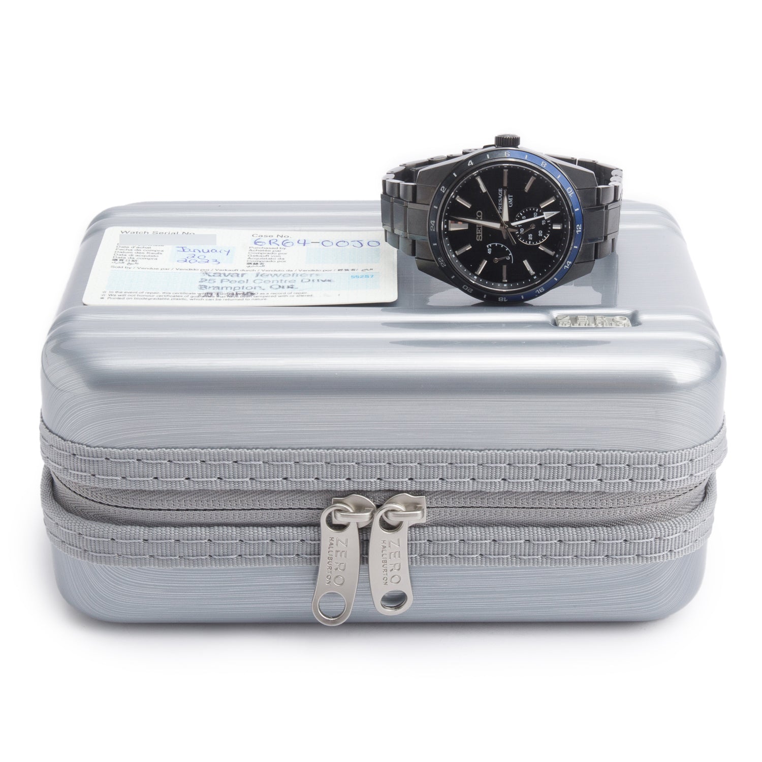 Seiko 2023 Black Stainless Steel Limited Edition Zero Halliburton Presage Sharp Edge 42.2 MM Automatic Watch Black Dial SPB271J1 w/ Box & Papers