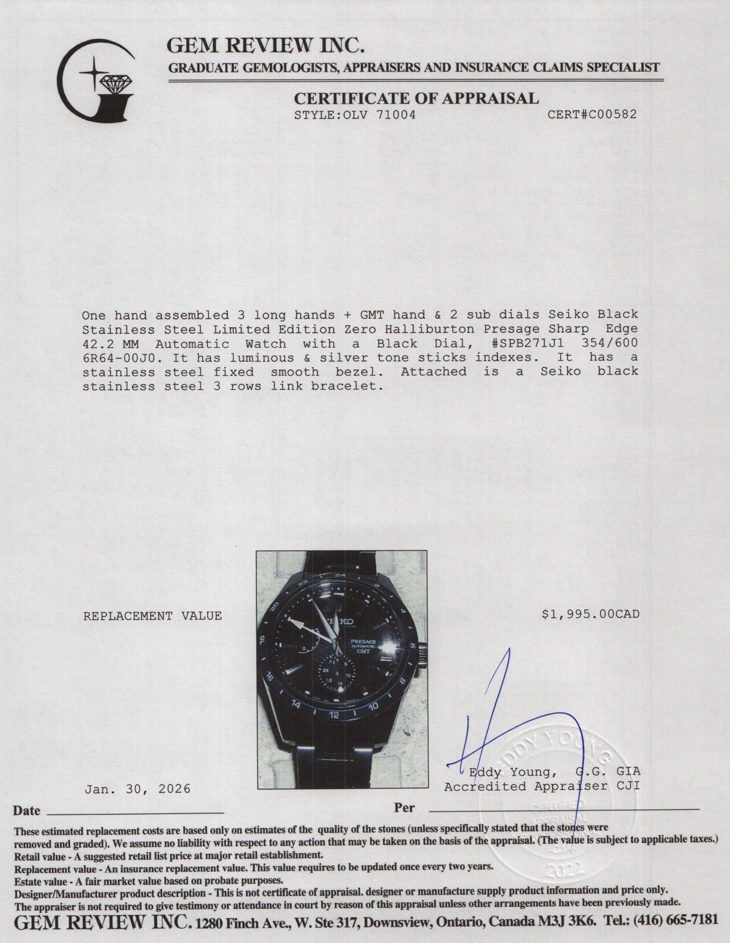 Seiko 2023 Black Stainless Steel Limited Edition Zero Halliburton Presage Sharp Edge 42.2 MM Automatic Watch Black Dial SPB271J1 w/ Box & Papers