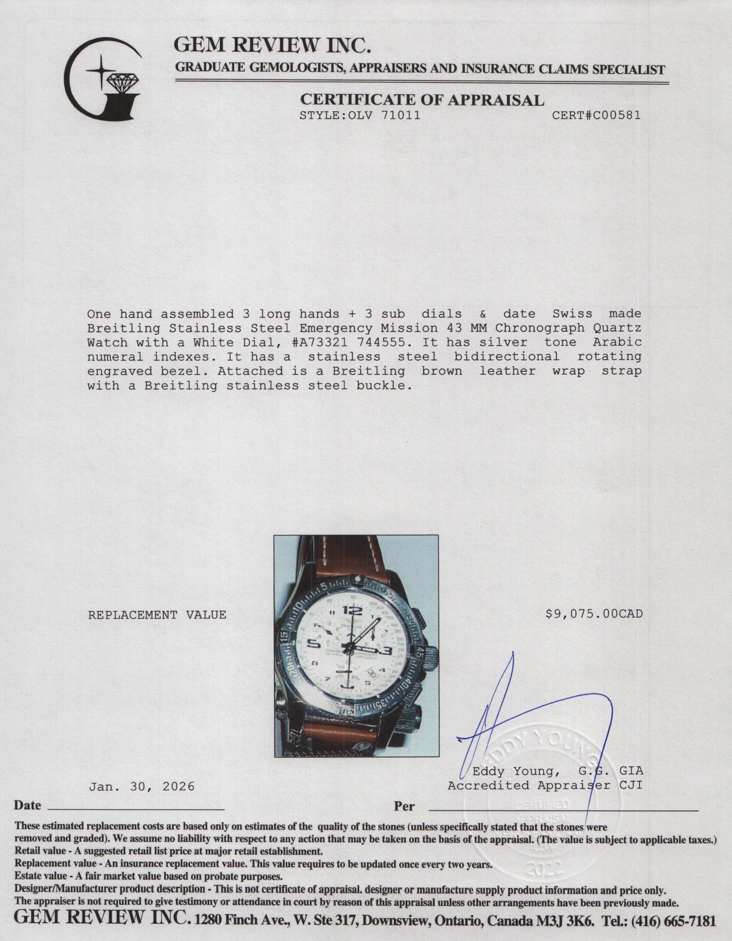 Breitling Stainless Steel Emergency Mission 43 MM Chronograph Quartz Watch White Dial A73321