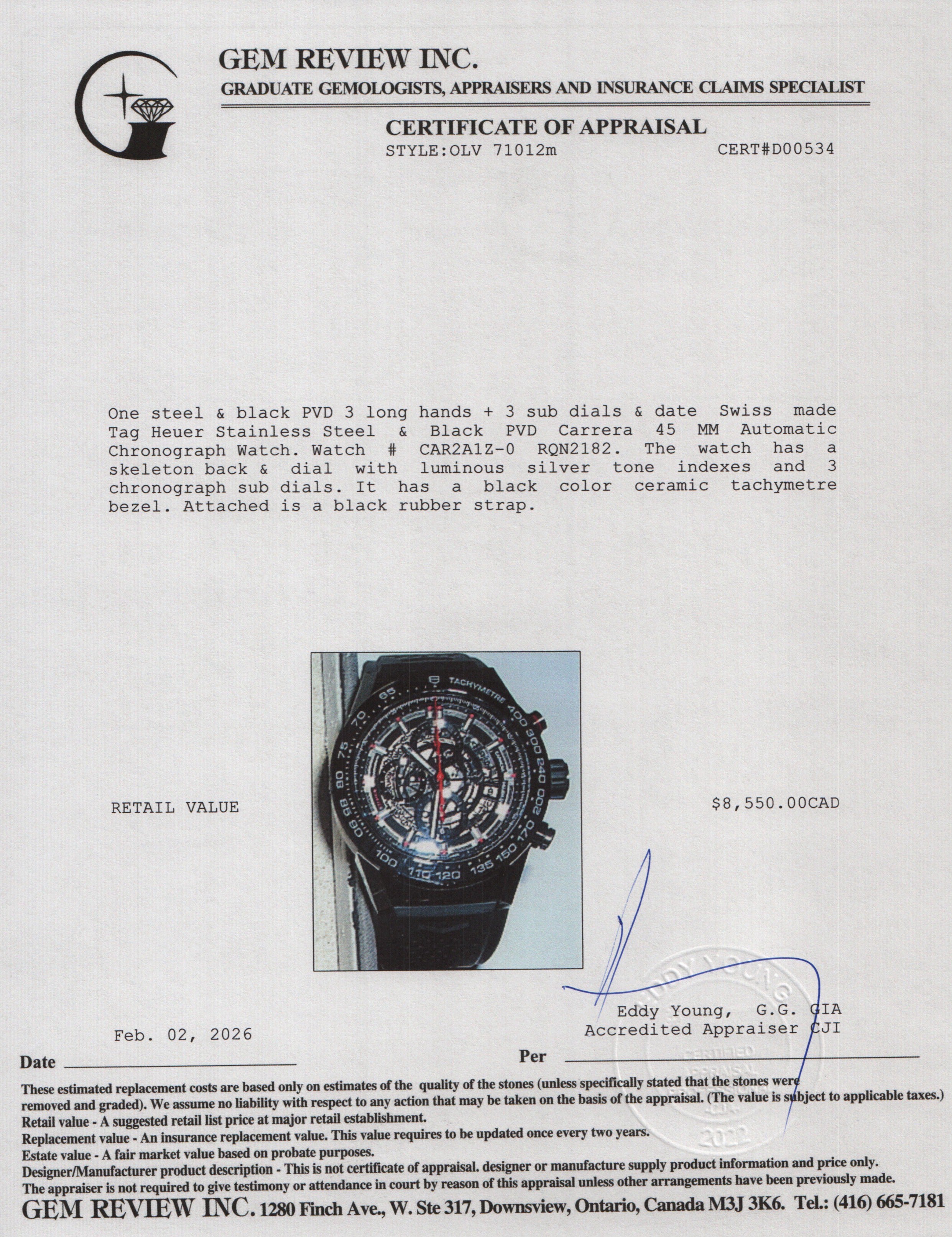 Tag Heuer Stainless Steel & Black PVD Carrera 45 MM Automatic Chronograph Watch CAR2A1Z-0