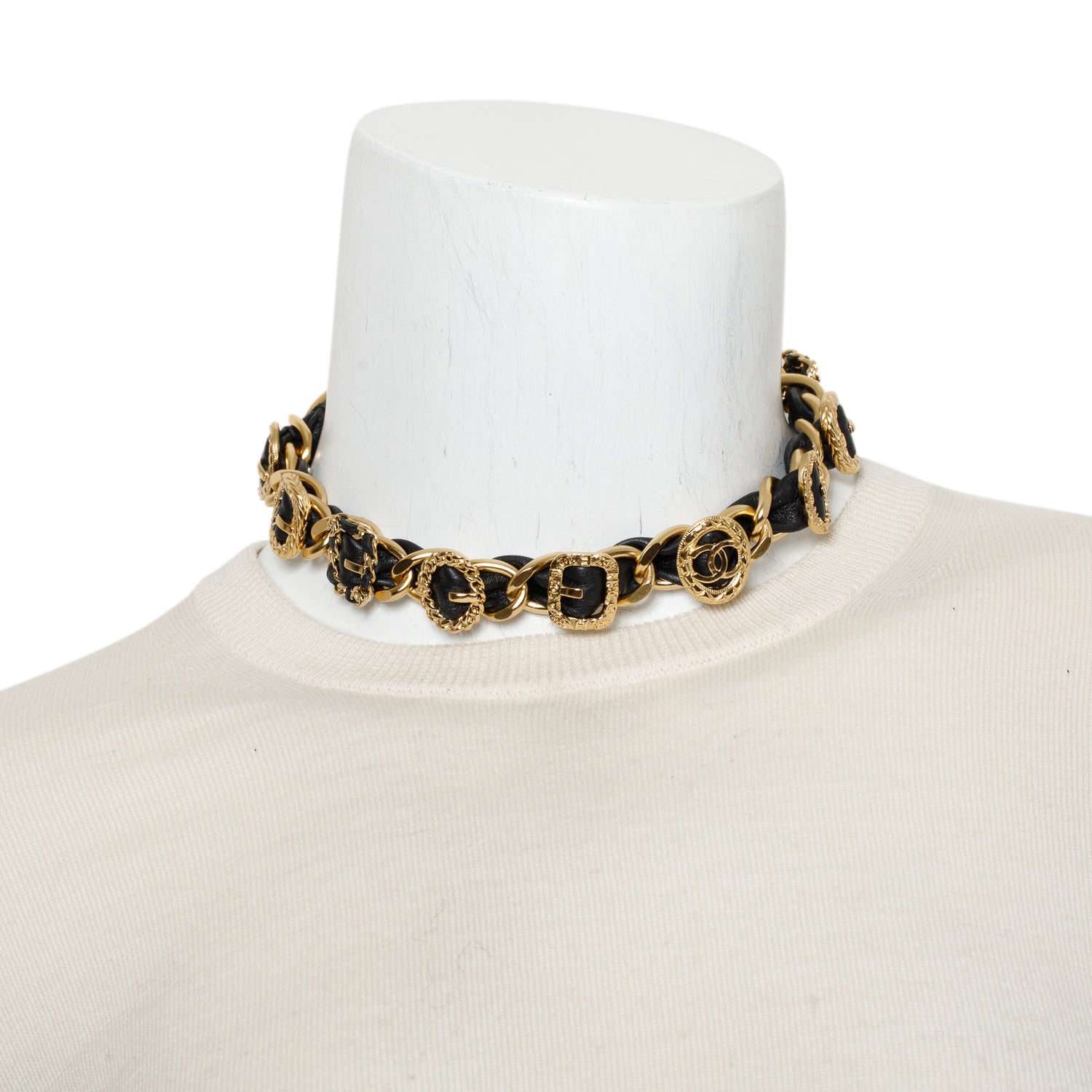 Chanel 2024 Gold Plated Leather Buckle Accent CC Choker Necklace w/ Box