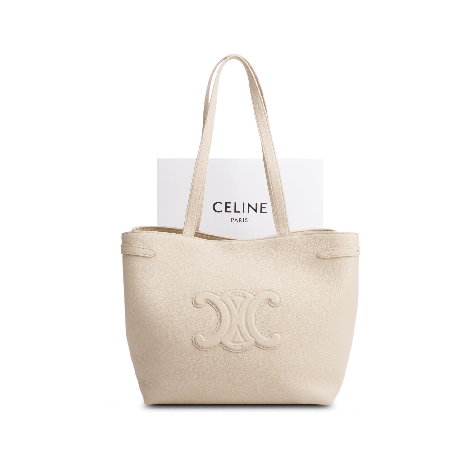Celine 2024 Beige Grained Calfskin Triomphe Medium Cabas Anais w/ Box