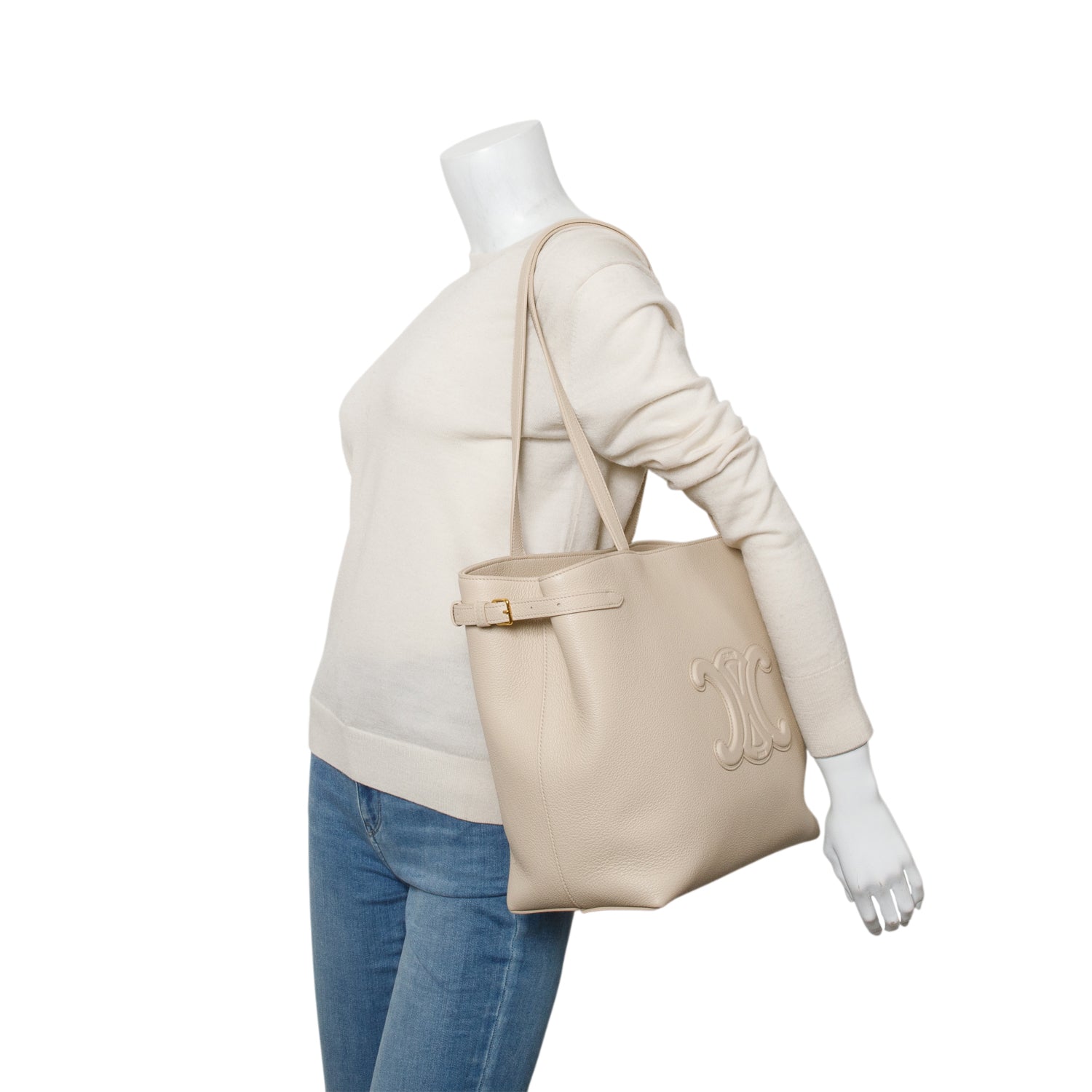 Celine 2024 Beige Grained Calfskin Triomphe Medium Cabas Anais w/ Box