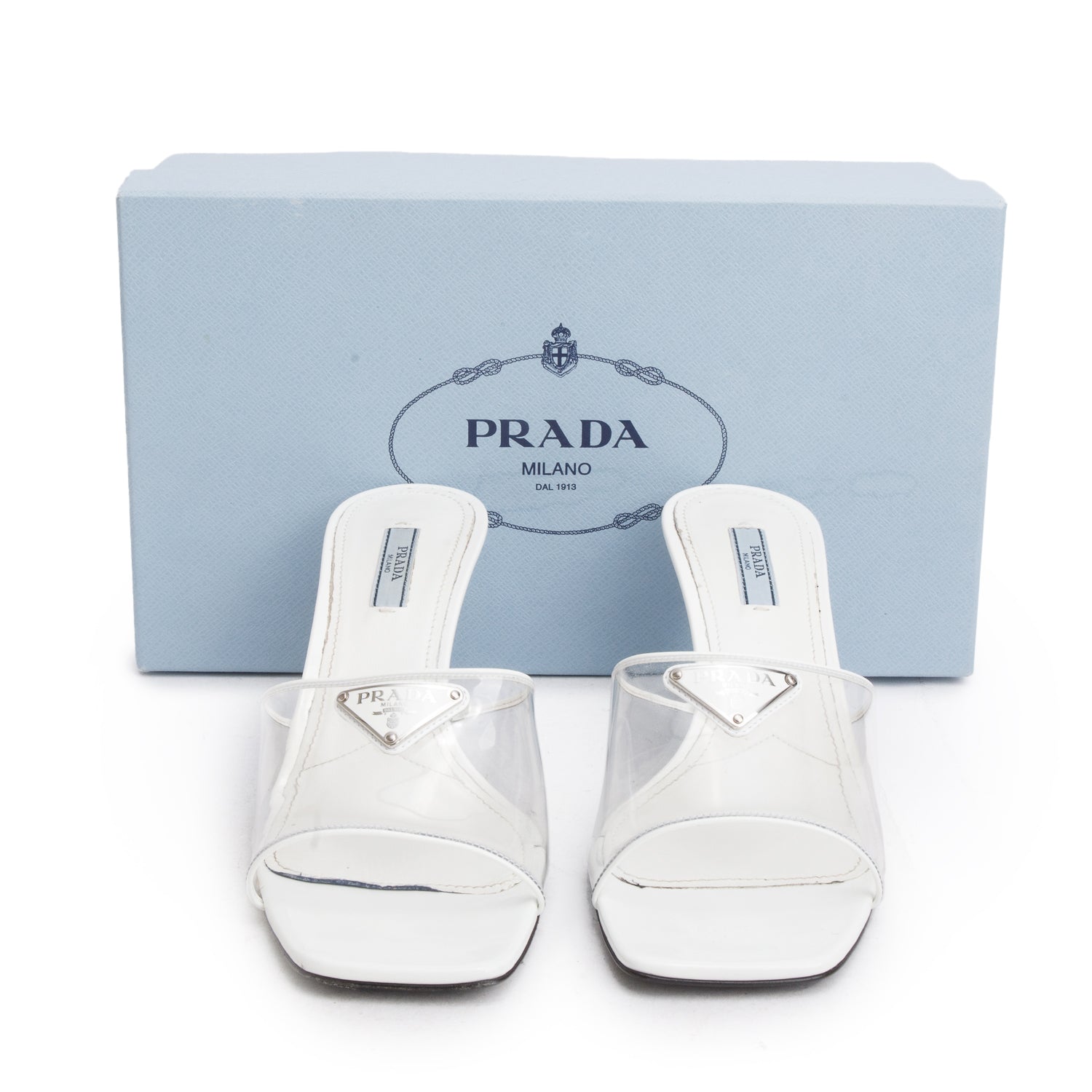 Prada White Plexiglass Vernice Metal Triangle Logo 65mm Slide Sandals, Women's Size 40 w/ Box