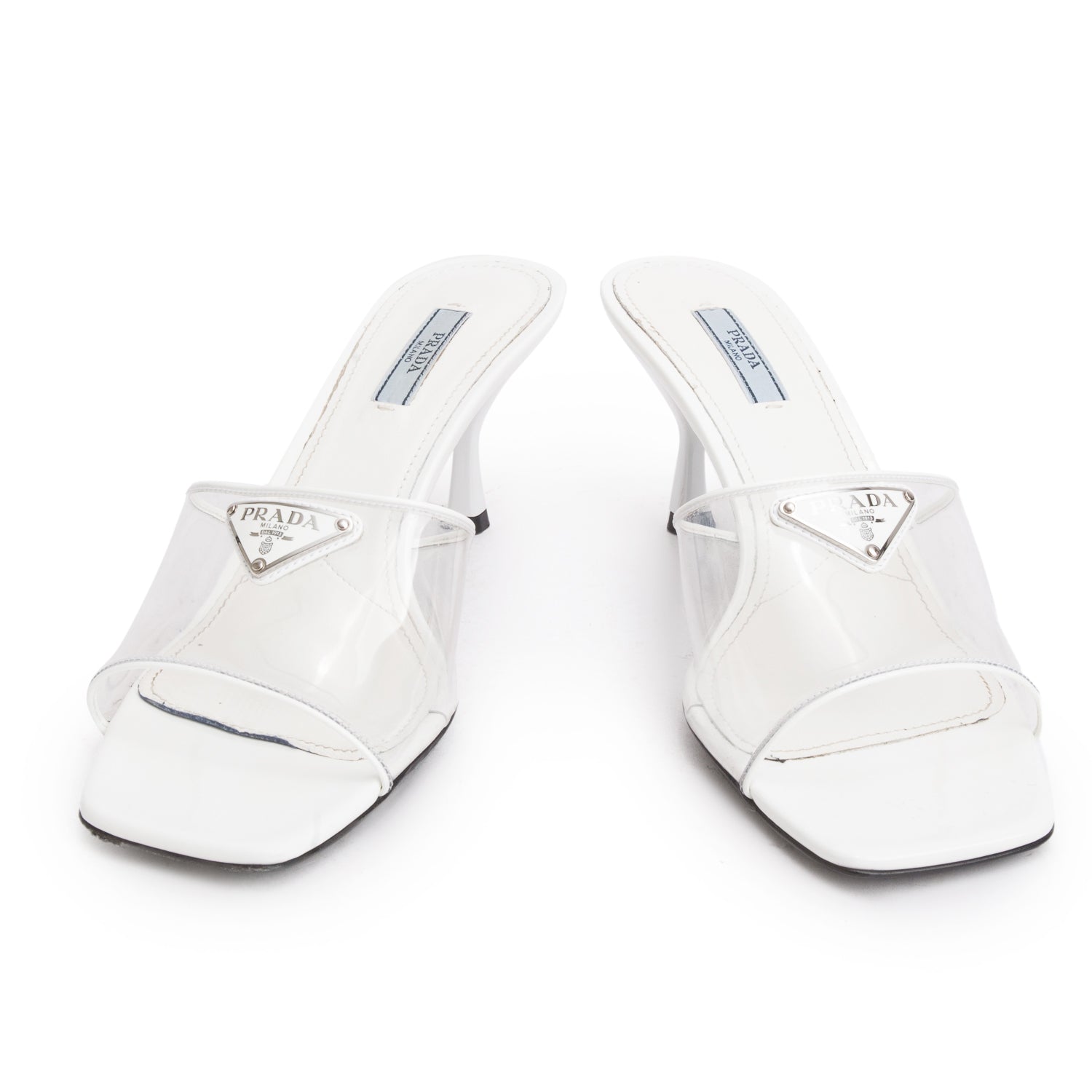Prada White Plexiglass Vernice Metal Triangle Logo 65mm Slide Sandals, Women's Size 40 w/ Box