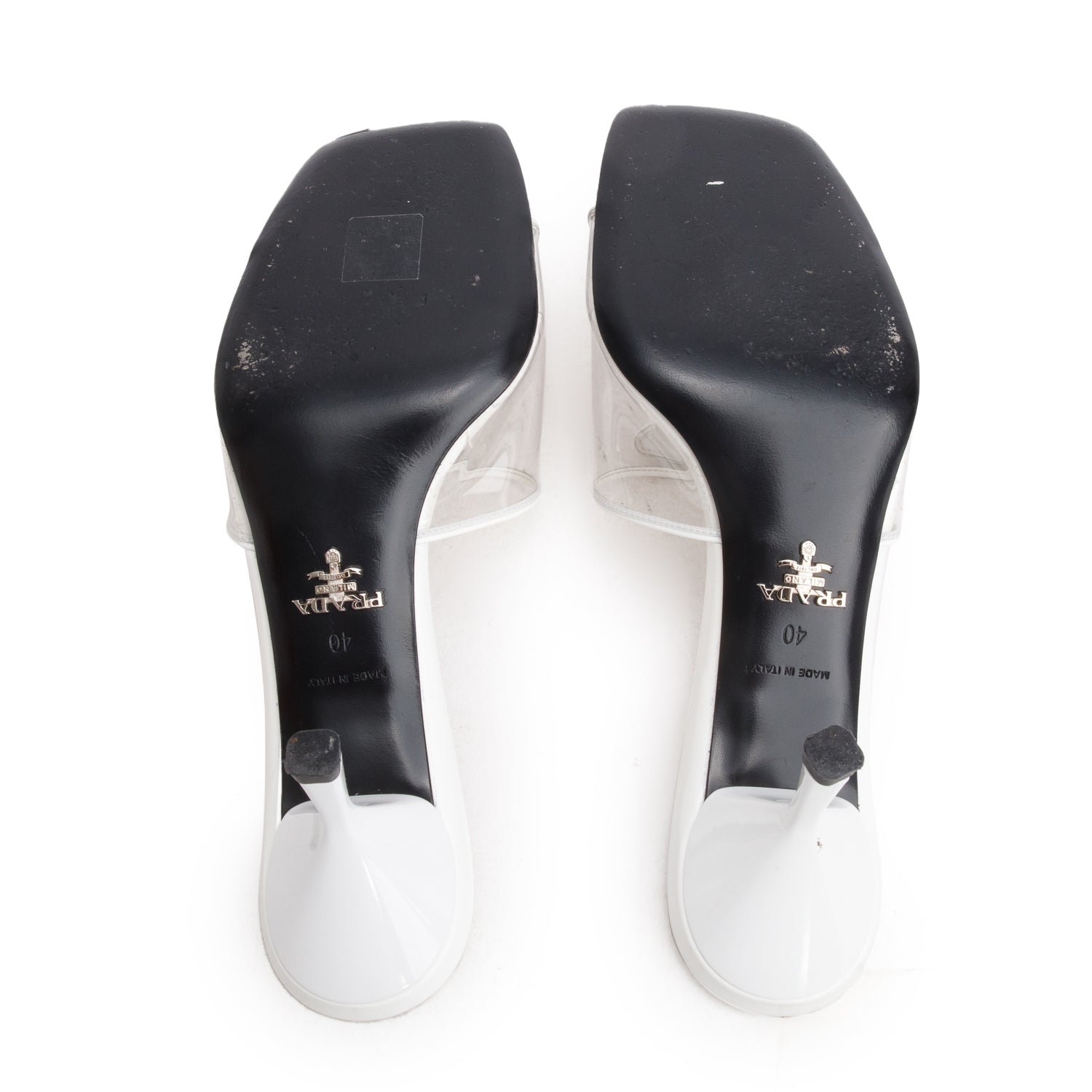 Prada White Plexiglass Vernice Metal Triangle Logo 65mm Slide Sandals, Women's Size 40 w/ Box