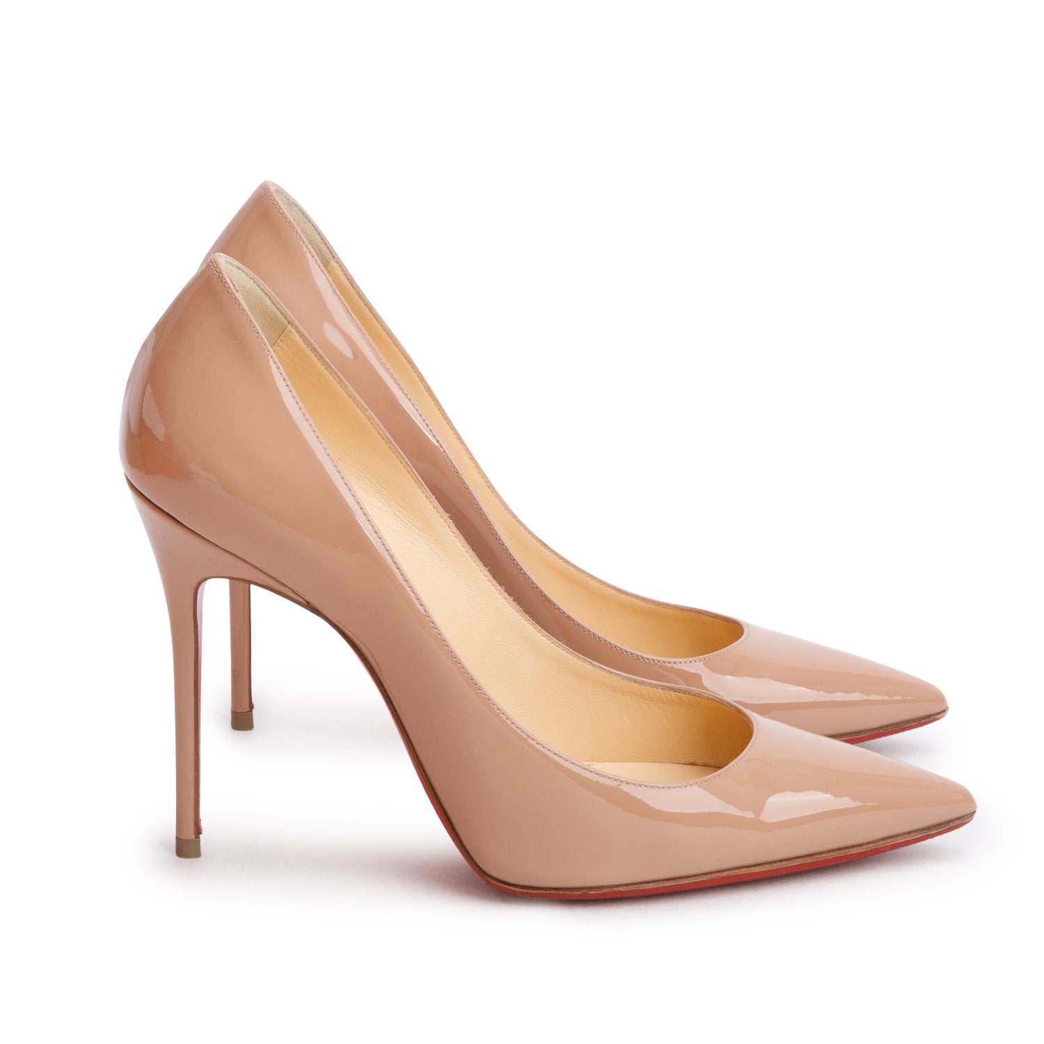 Christian Louboutin Nude Patent Leather Decollete 100 Pumps, Size 38 w/ Box