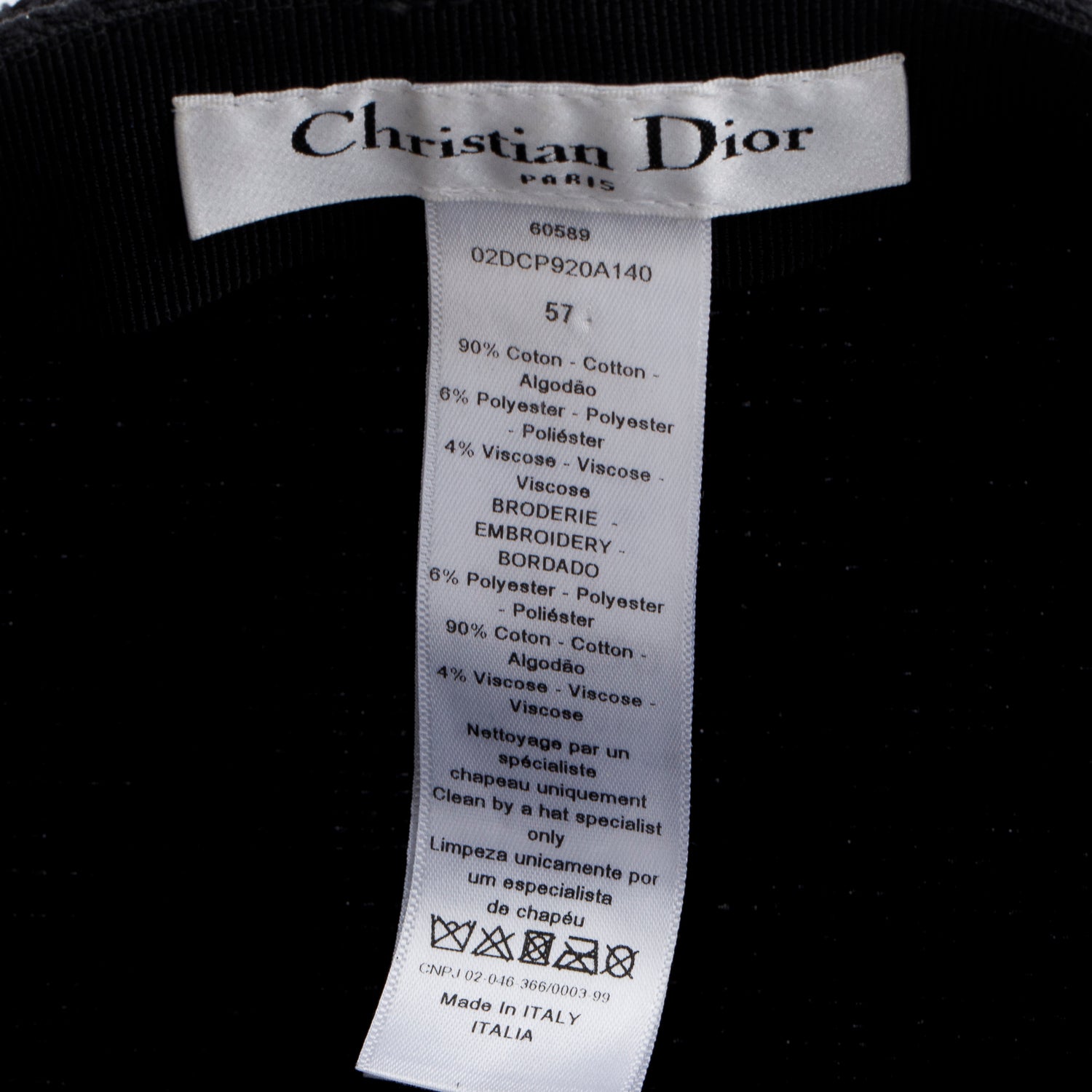 Christian Dior Black Cotton Travel Cap, Size 57