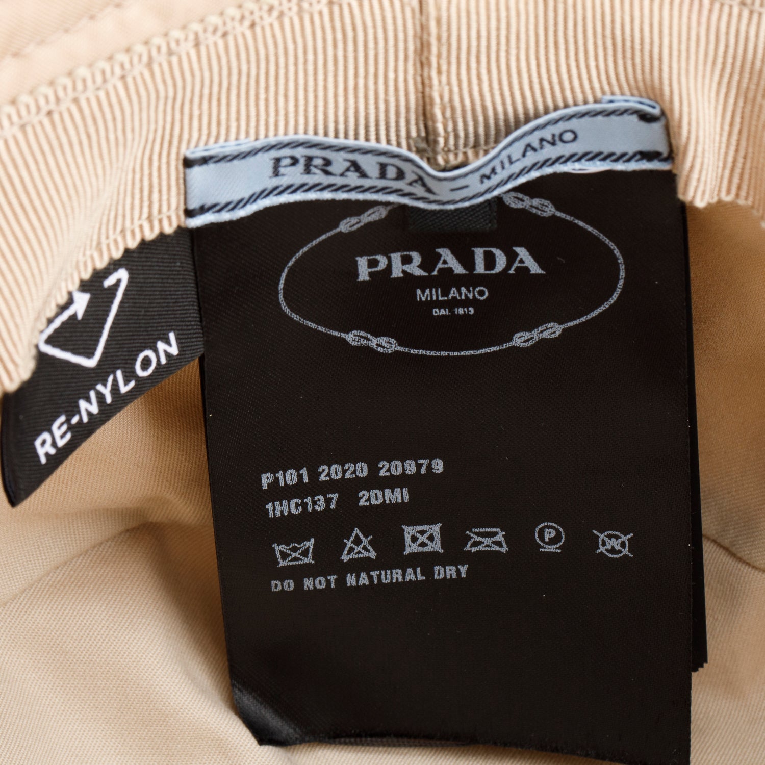 Prada Beige Re-Nylon Metal Triangle Logo Bucket Hat, Size S