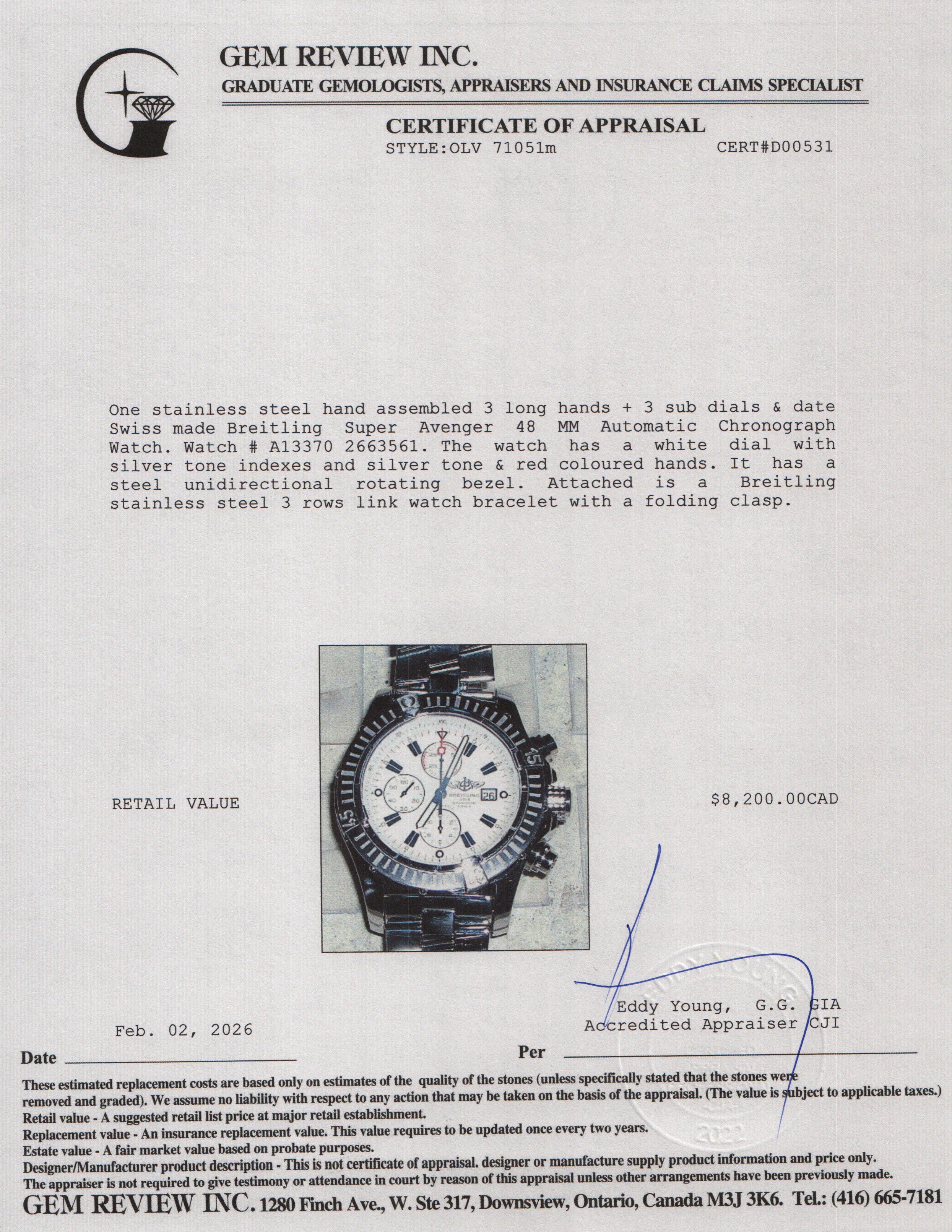 Breitling Stainless Steel Super Avenger 48 MM Automatic Chronograph Watch White Dial A13370 w/ Box & Papers