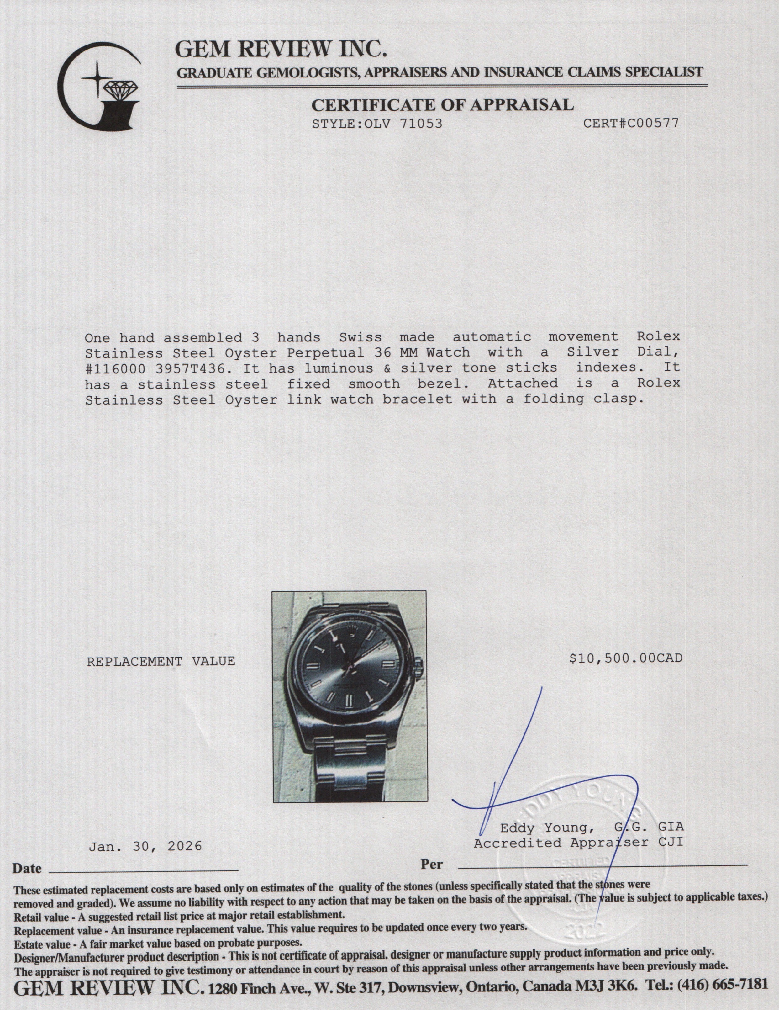 Rolex Stainless Steel Oyster Perpetual 36 MM Watch Silver Dial 116000 w/ Box & Papers